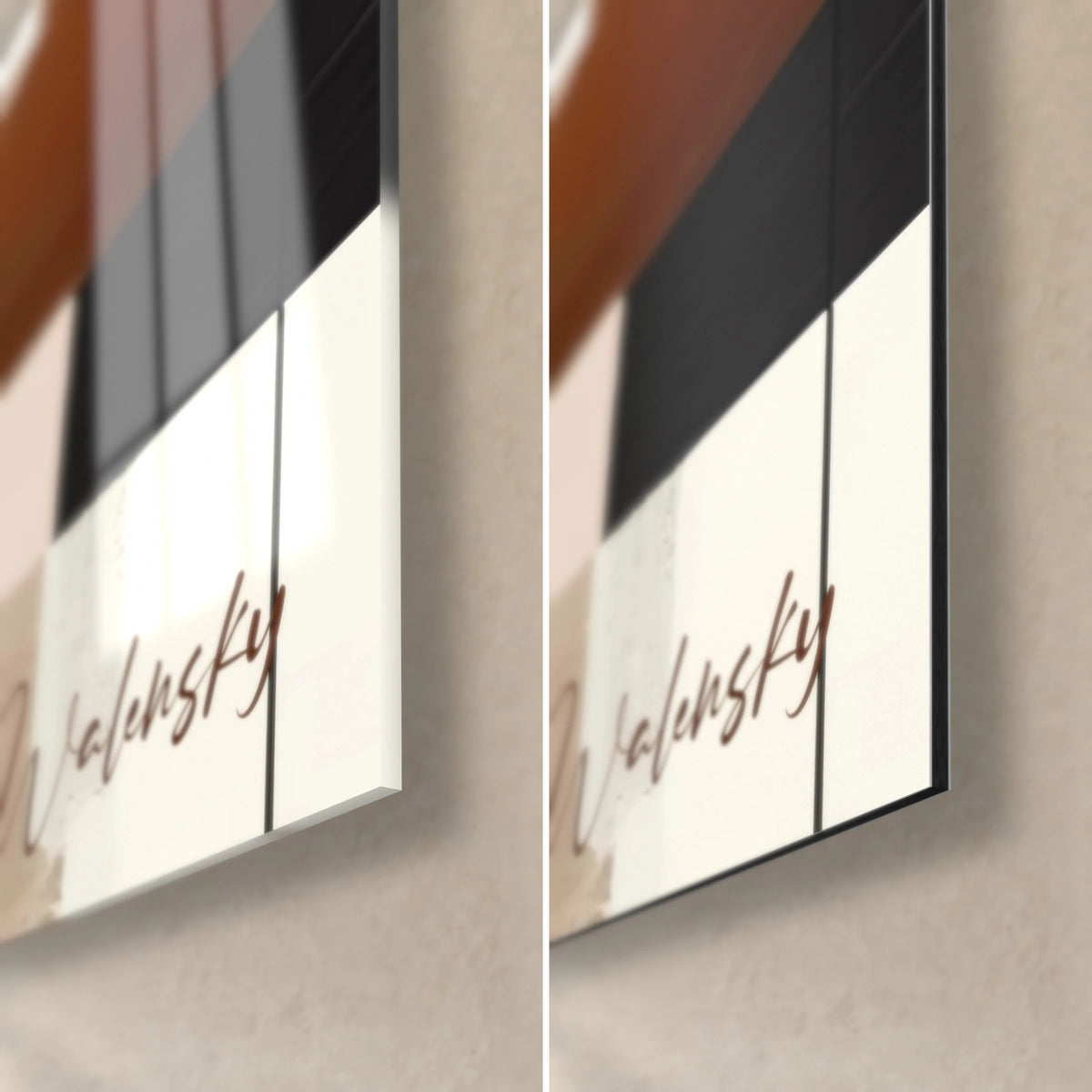 Wall art abstract with rust and black blocks on an ivory background, Walensky signature, glossy glass corner and matt Dibond, 3 mm edge