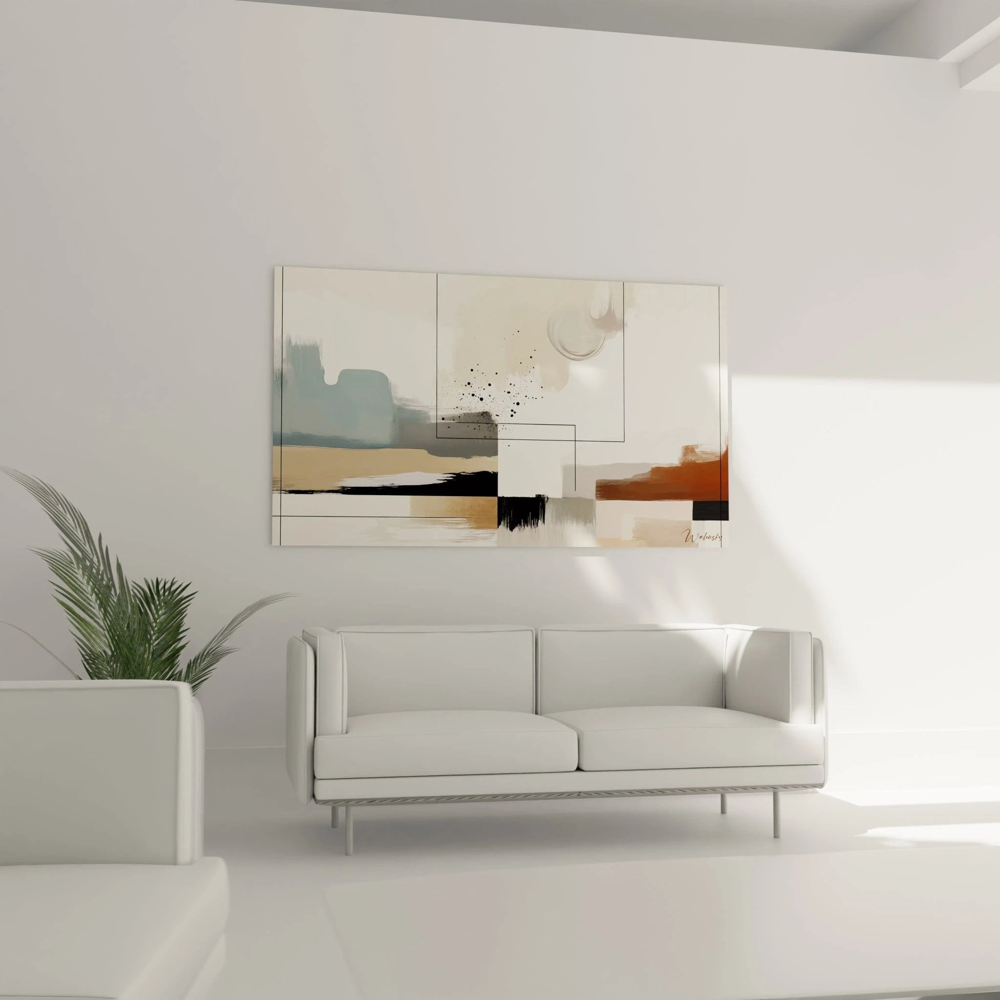 Un tableau abstrait aux formes architecturales minimalistes. Les couleurs principales sont blanc cassé, gris-bleu, beige et noir de jais. La texture montre des coups de pinceau horizontaux et verticaux, des zones translucides superposées et des éléments graphiques comme des points dispersés et des lignes fines qui structurent l'espace.
