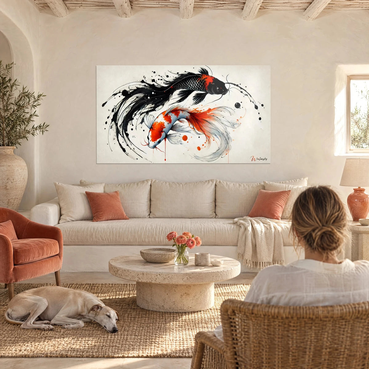 Wall art black koi carp with fins spread on a cream background, ink and vivid orange, above a sofa in a bright living room