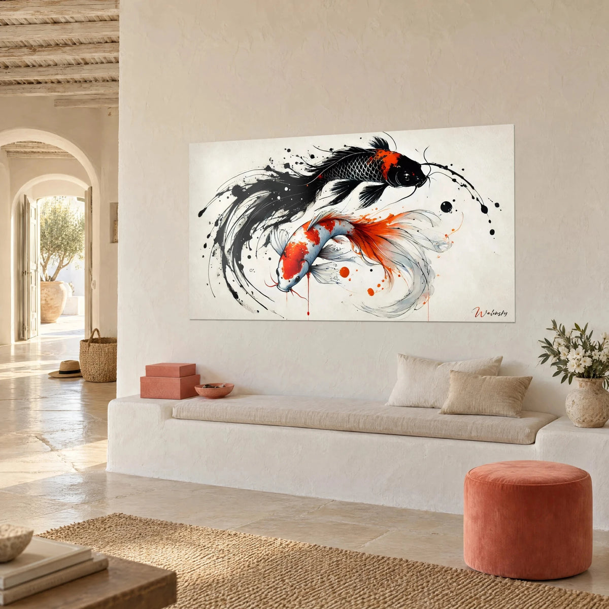 Wall art pair of koi carp in Chinese ink, scaled black back and white body stained with orange, lime-washed wall, white bench and coral pouf