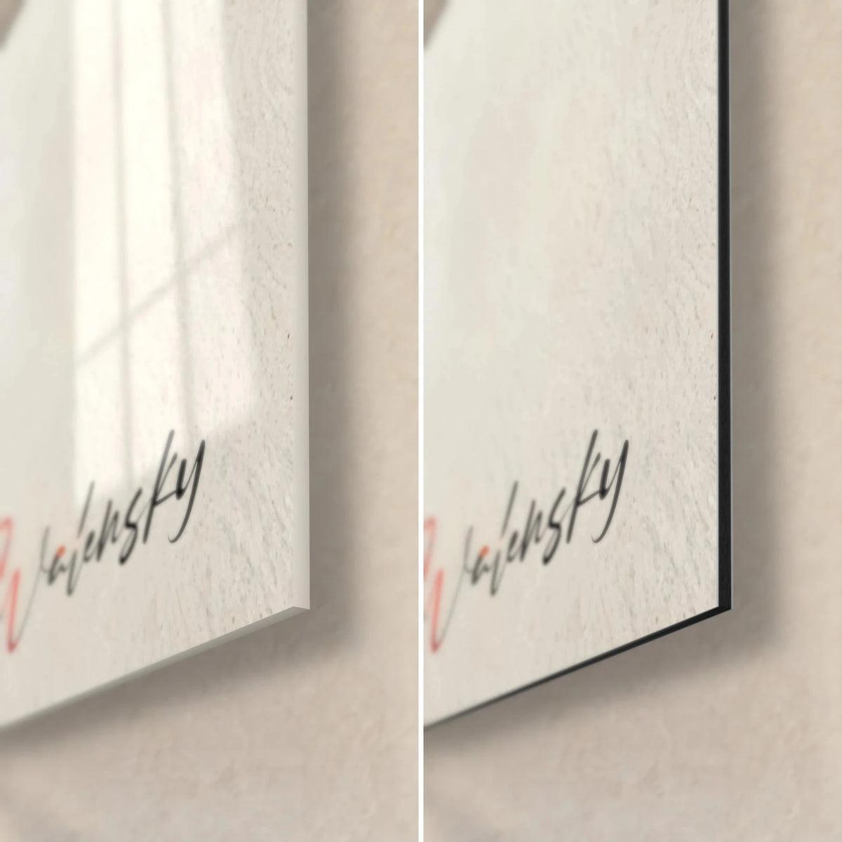 Wall art black and orange koi in ink wash, bottom right corner: glossy glass on the left, matte Dibond on the right, Walensky signature, 3 mm edge
