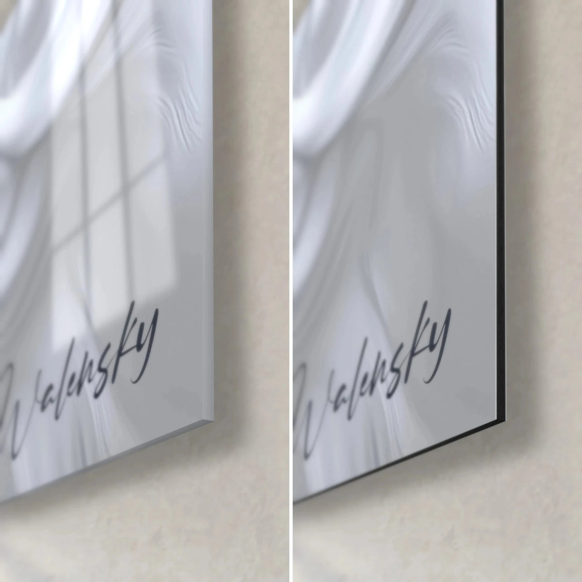 Quadro di onde di materia nero e grigio acciaio, angolo in basso a destra in vetro lucido e Dibond opaco, firma Walensky, spessore 3 mm