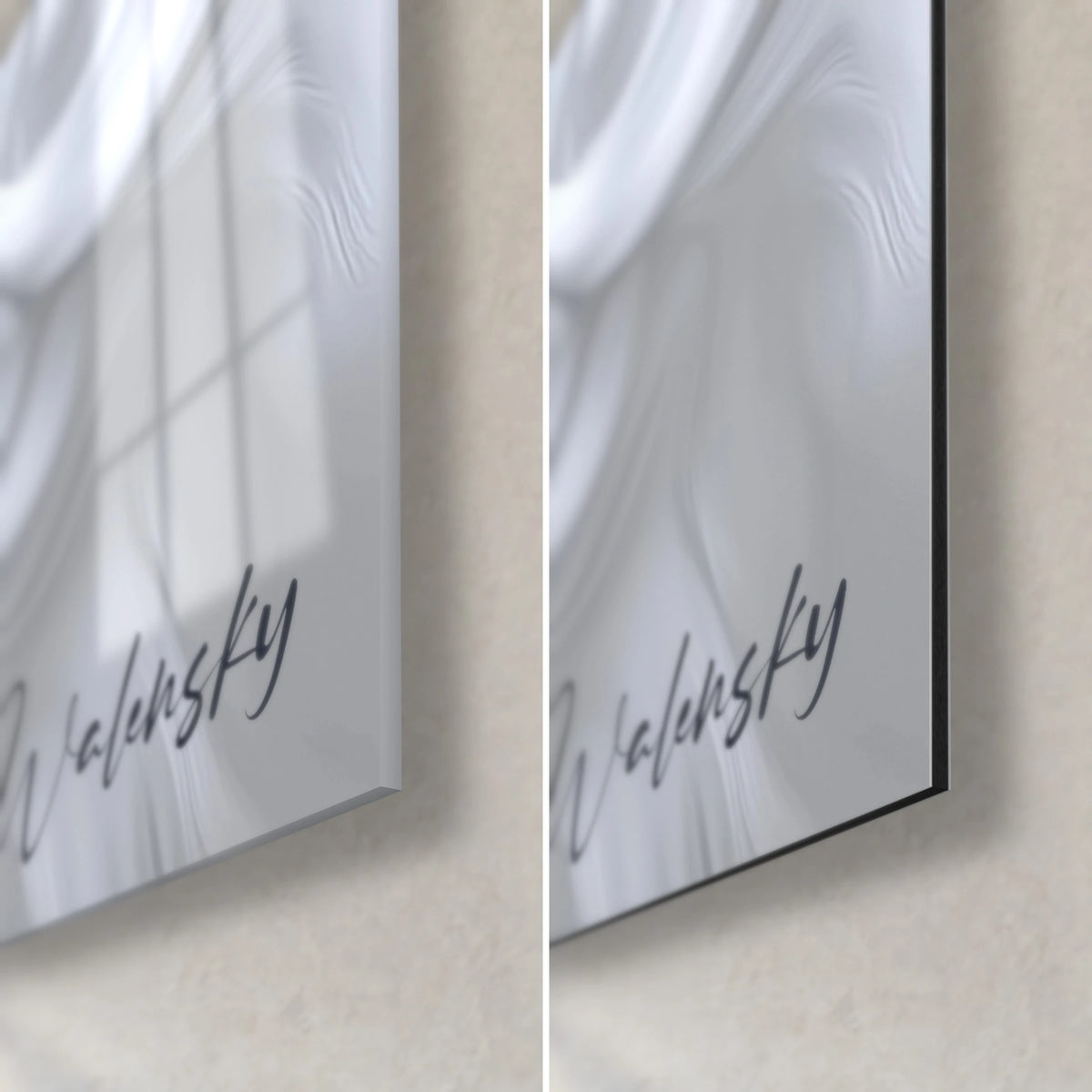 Wall art of black and steel-grey material waves, bottom right corner in glossy glass and matte Dibond, Walensky signature, 3 mm thickness