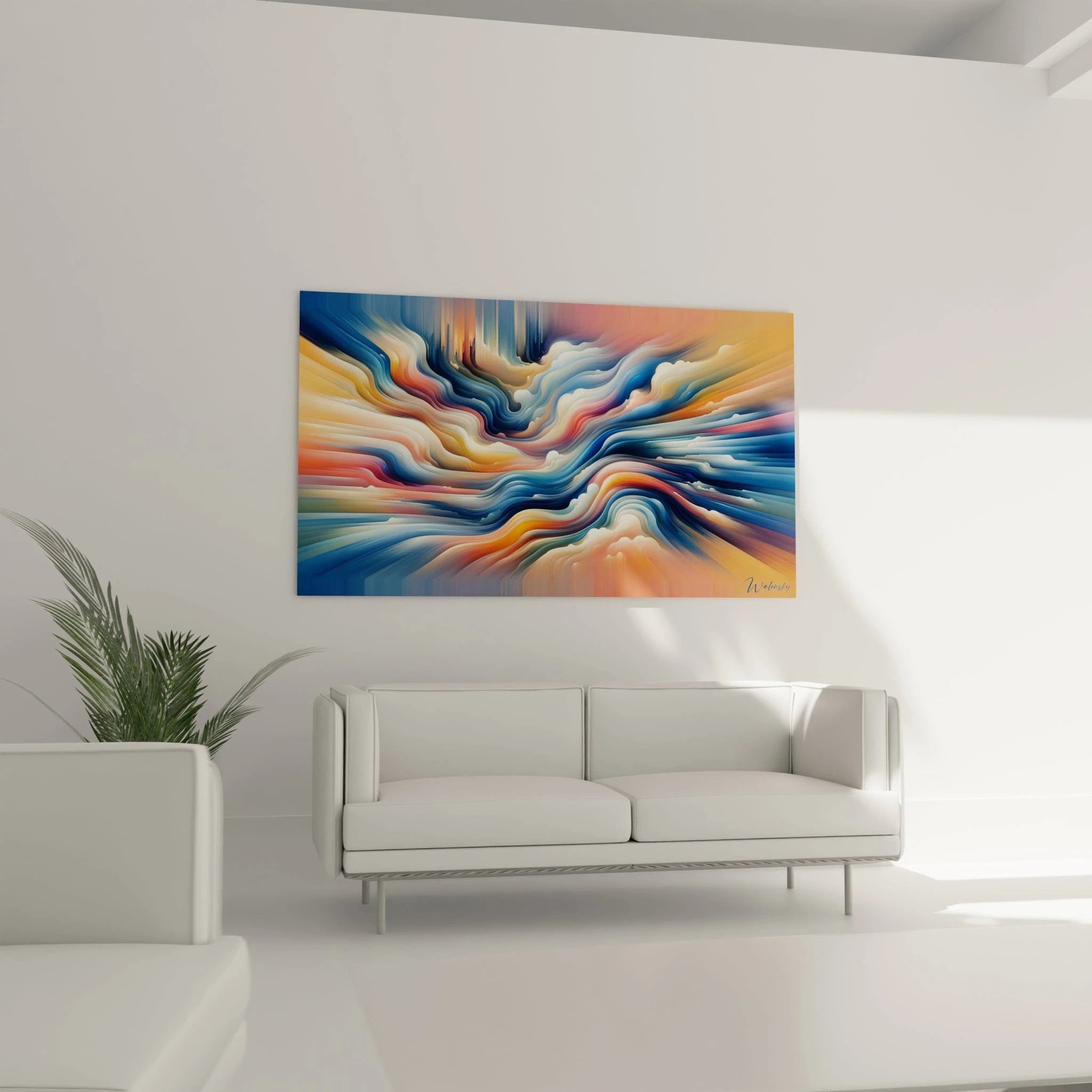 Tableau abstrait montrant des rubans colorés en mouvement fluide. Spectre chromatique de bleu outremer, corail rosé, blanc ivoire et ambre doré. Effet visuel de strates sédimentaires déformées avec lignes parallèles et zones tourbillonnantes. Composition horizontale avec point focal central où convergent les bandes colorées en torsion.

