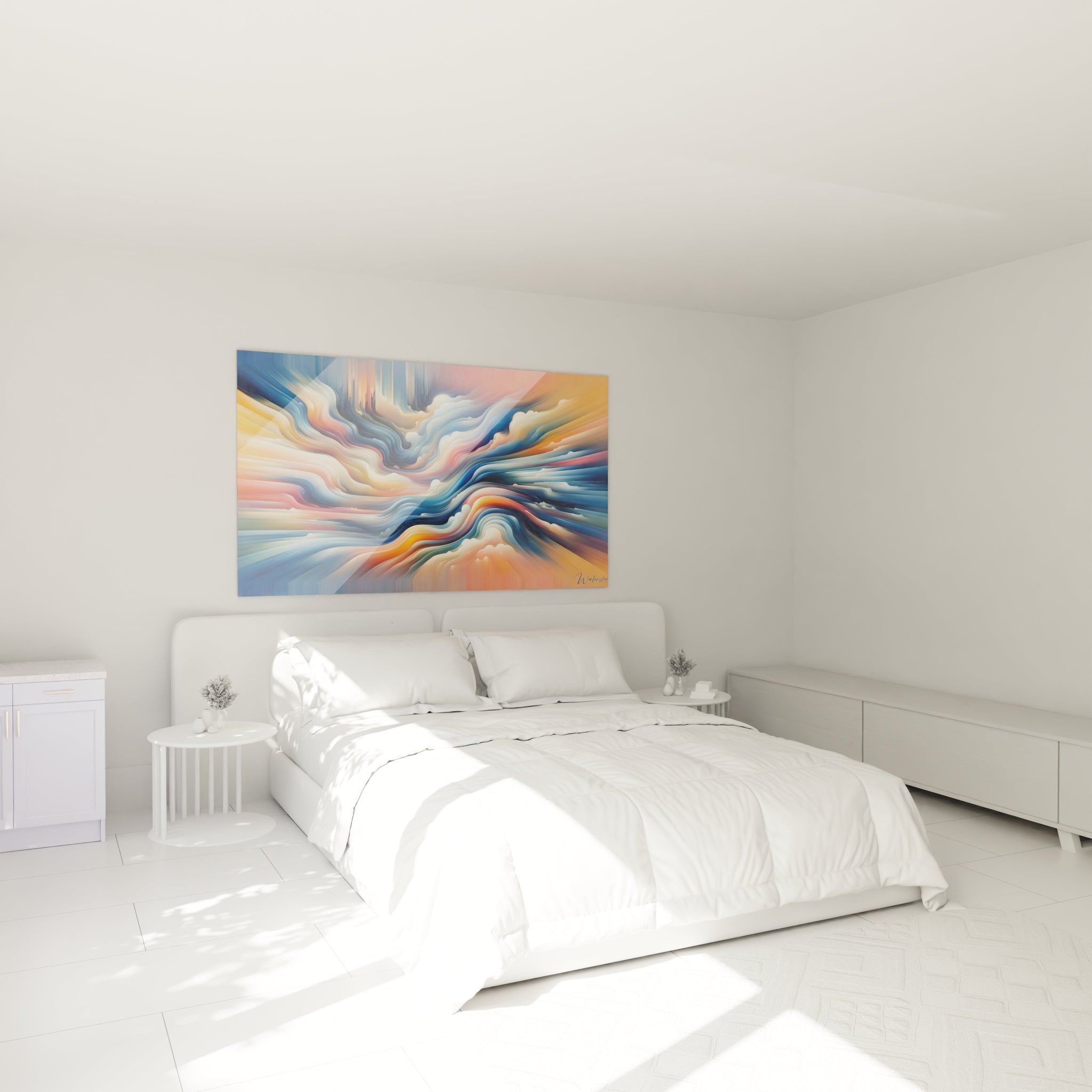 Tableau abstrait figurant des vagues stratifiées aux couleurs contrastées. Dominantes de bleu azur, orange pêche, blanc nacré et jaune ambré. Surface texturée par couches horizontales ondulantes se rejoignant au centre. Structure dynamique évoquant un paysage liquide avec zones de compression et d'expansion créant un effet de mouvement.
