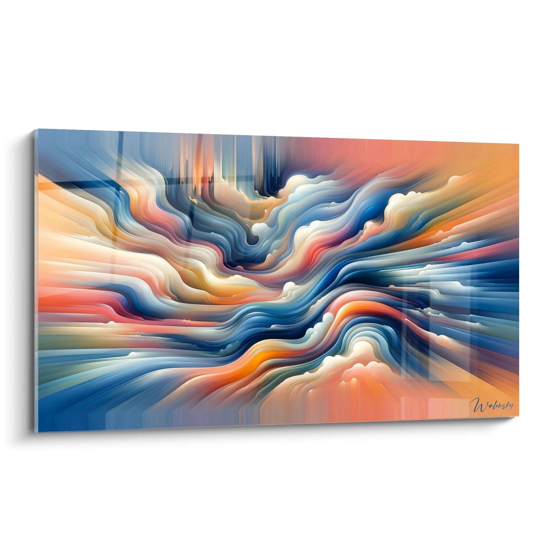 Tableau abstrait représentant des courants ondulants en strates superposées. Palette harmonieuse de bleu cobalt, corail saumoné, crème et ocre doré. Texture fluide avec lignes courbes parallèles créant un effet de profondeur. Composition centrée sur un mouvement tourbillonnant avec convergence médiane des flux colorés.
