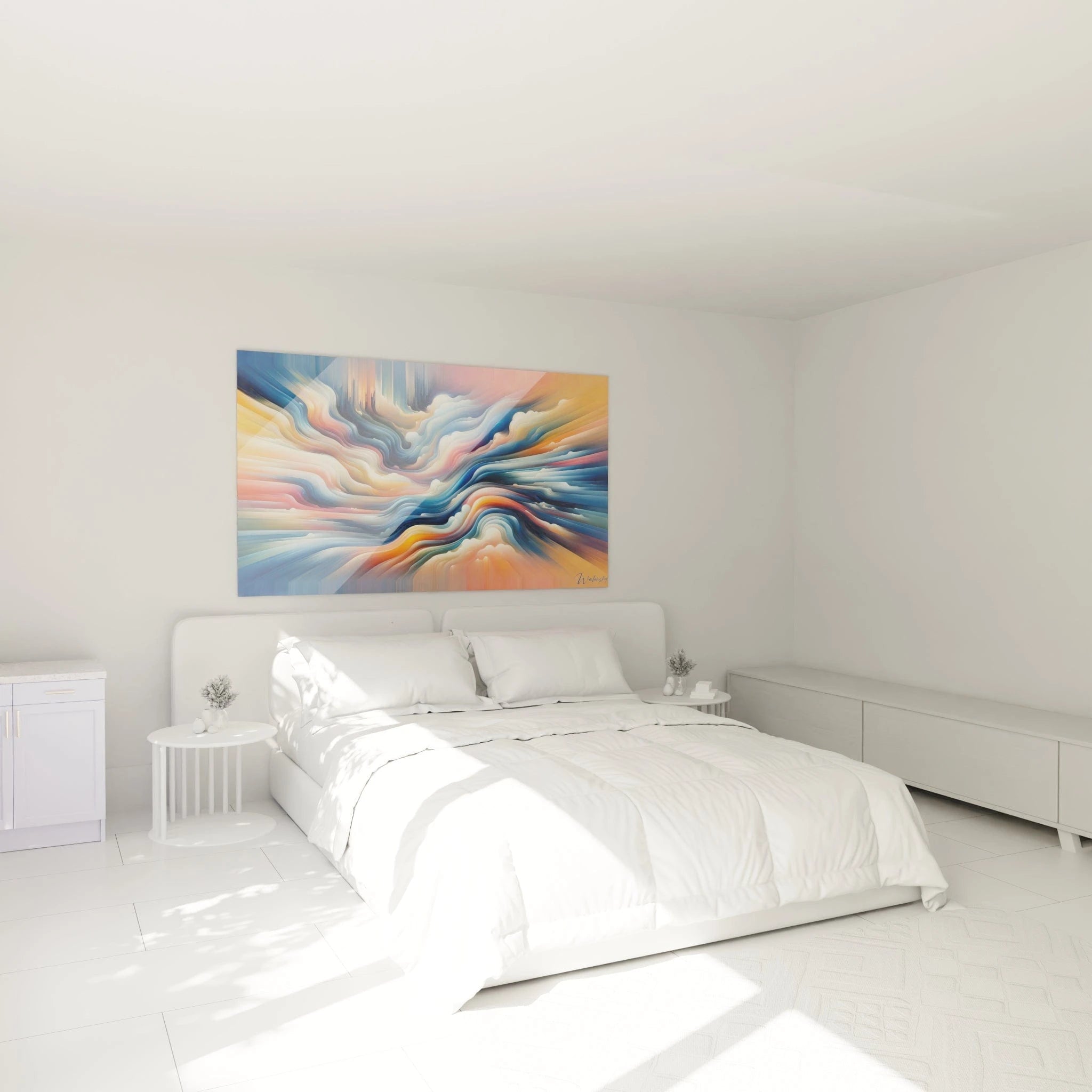 Tableau abstrait figurant des vagues stratifiées aux couleurs contrastées. Dominantes de bleu azur, orange pêche, blanc nacré et jaune ambré. Surface texturée par couches horizontales ondulantes se rejoignant au centre. Structure dynamique évoquant un paysage liquide avec zones de compression et d'expansion créant un effet de mouvement.
