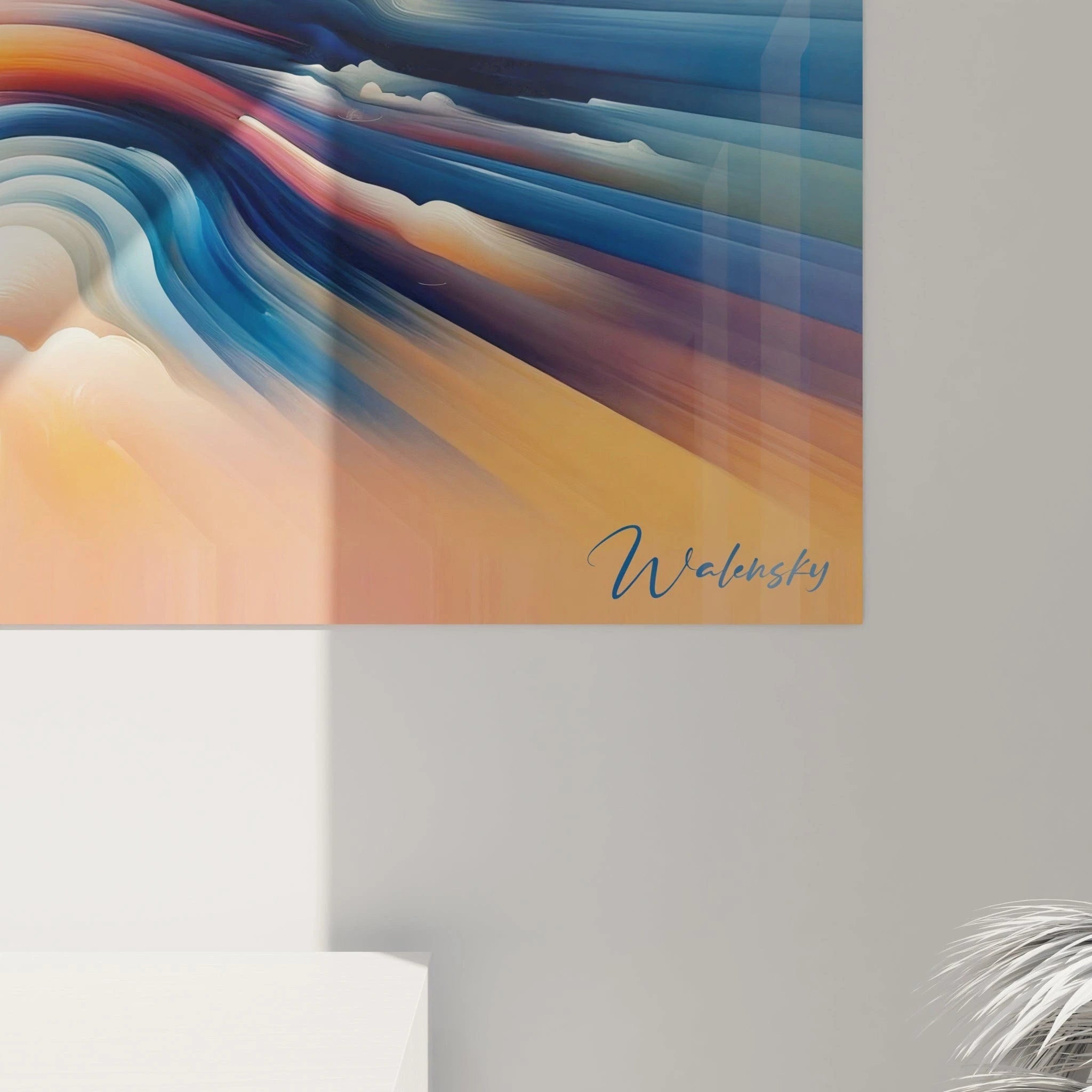 Tableau abstrait présentant des couches géologiques stylisées en mouvement. Gamme colorée alliant bleu marine, saumon, blanc crème et orange pâle. Technique créant des strates parallèles ondulantes avec effet de compression centrale. Motif de flux convergents puis divergents formant une structure symétrique avec variations subtiles de couleurs et d'épaisseurs.
