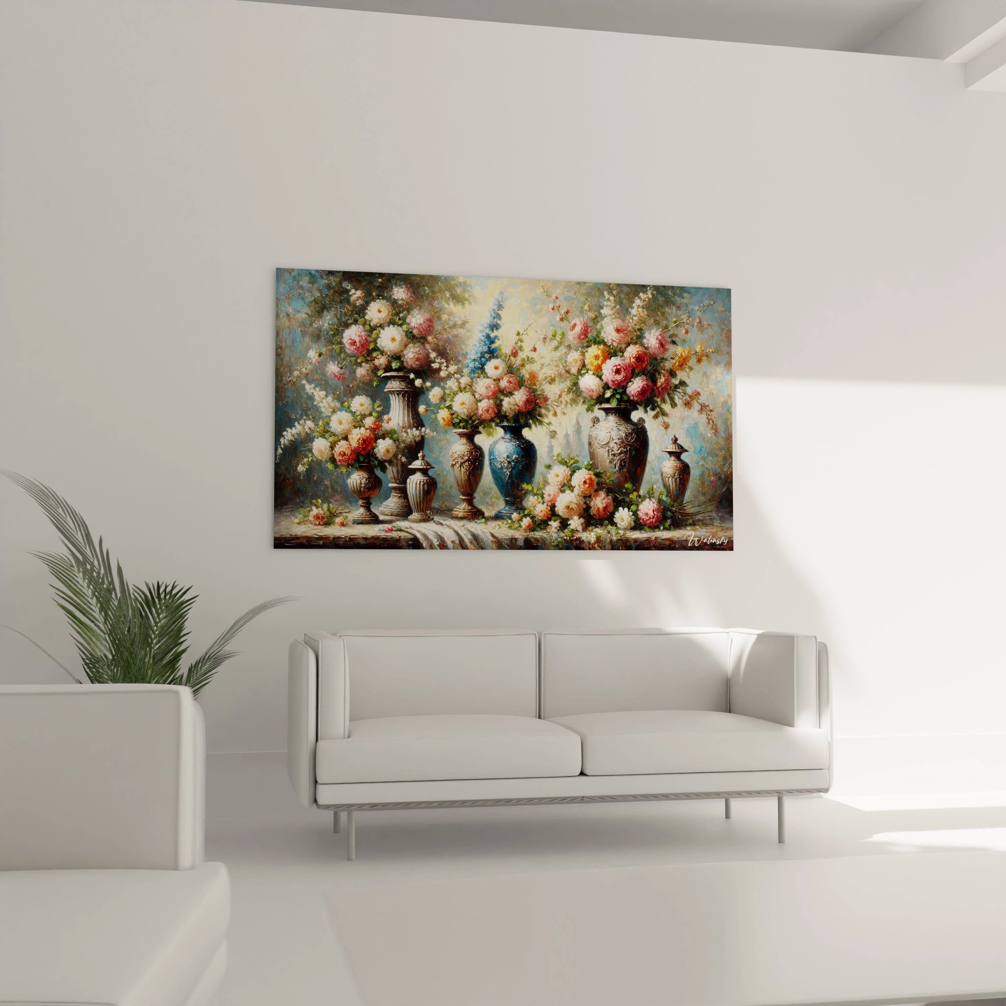 Tableau Jardin au dessus d un canape illumine le salon d une touche florale opulente Les fleurs aux teintes vives et textures detaillees invitent a savourer la beaute des jardins dans un espace de vie raffine

