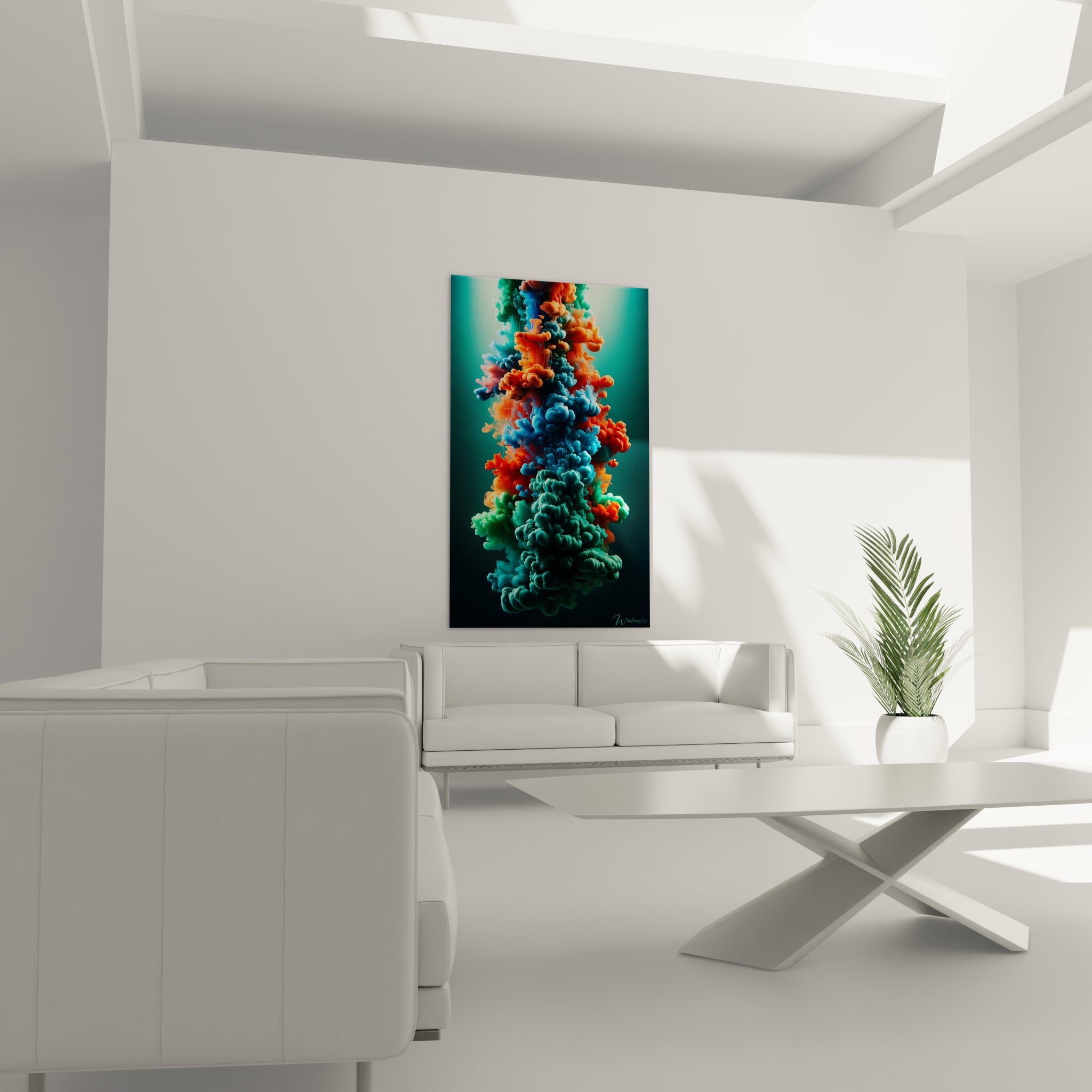 Un tableau abstrait d'encres colorées diffusées dans un liquide. Les couleurs principales sont turquoise, vermillon, bleu profond et vert émeraude. La texture révèle des formes floconneuses et duveteuses aux contours nets qui s'expandent en mouvement ascendant, évoquant des explosions figées de pigments dans un milieu fluide.
