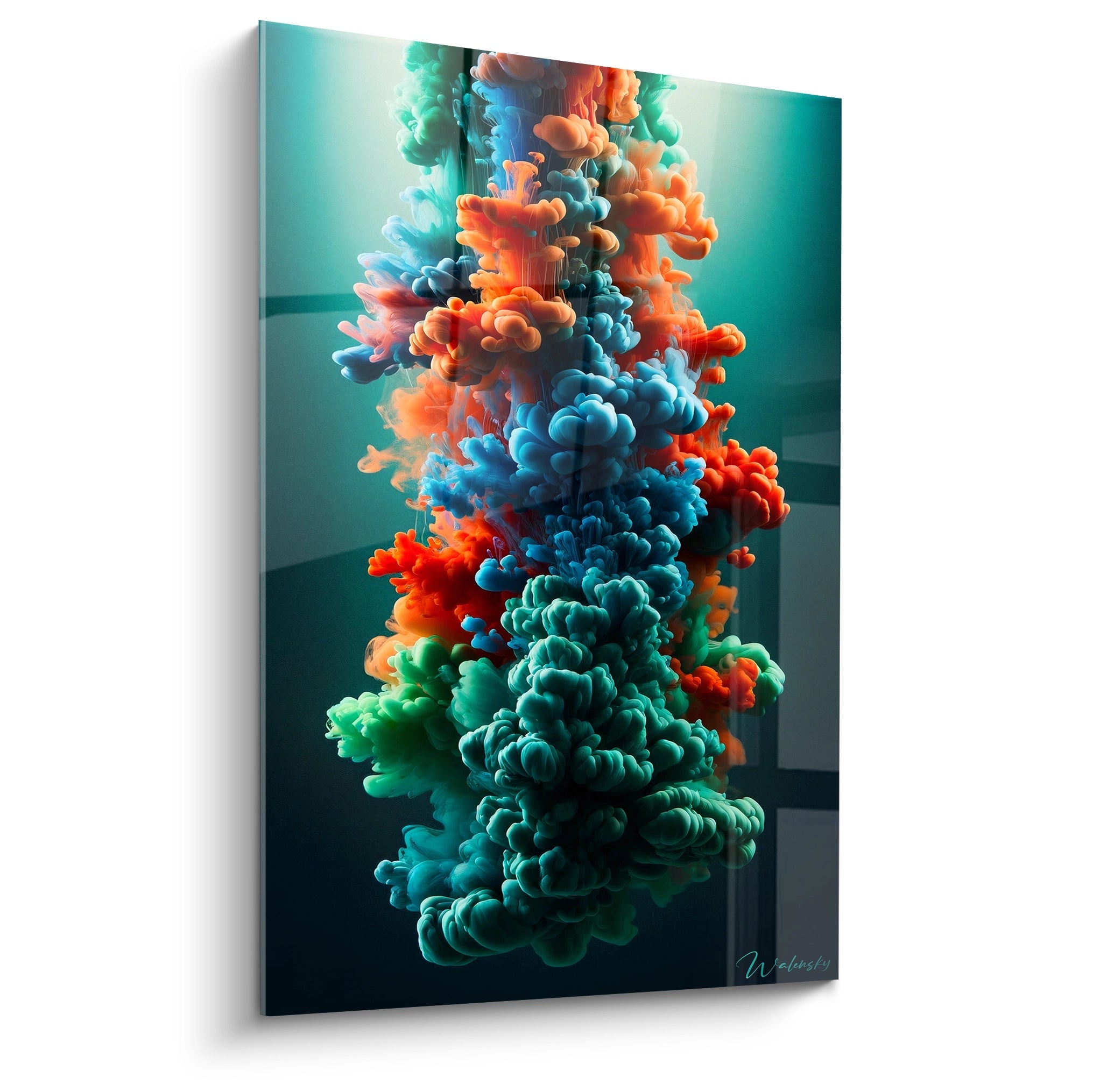 Un tableau abstrait de nuages colorés en suspension verticale. Dominé par des teintes turquoise, orange vif, bleu cobalt et vert émeraude. La texture présente des formations vaporeuses denses et bulbeuses qui s'entremêlent, créant une colonne centrale de matière fluide et cotonneuse sur fond noir-vert dégradé.
