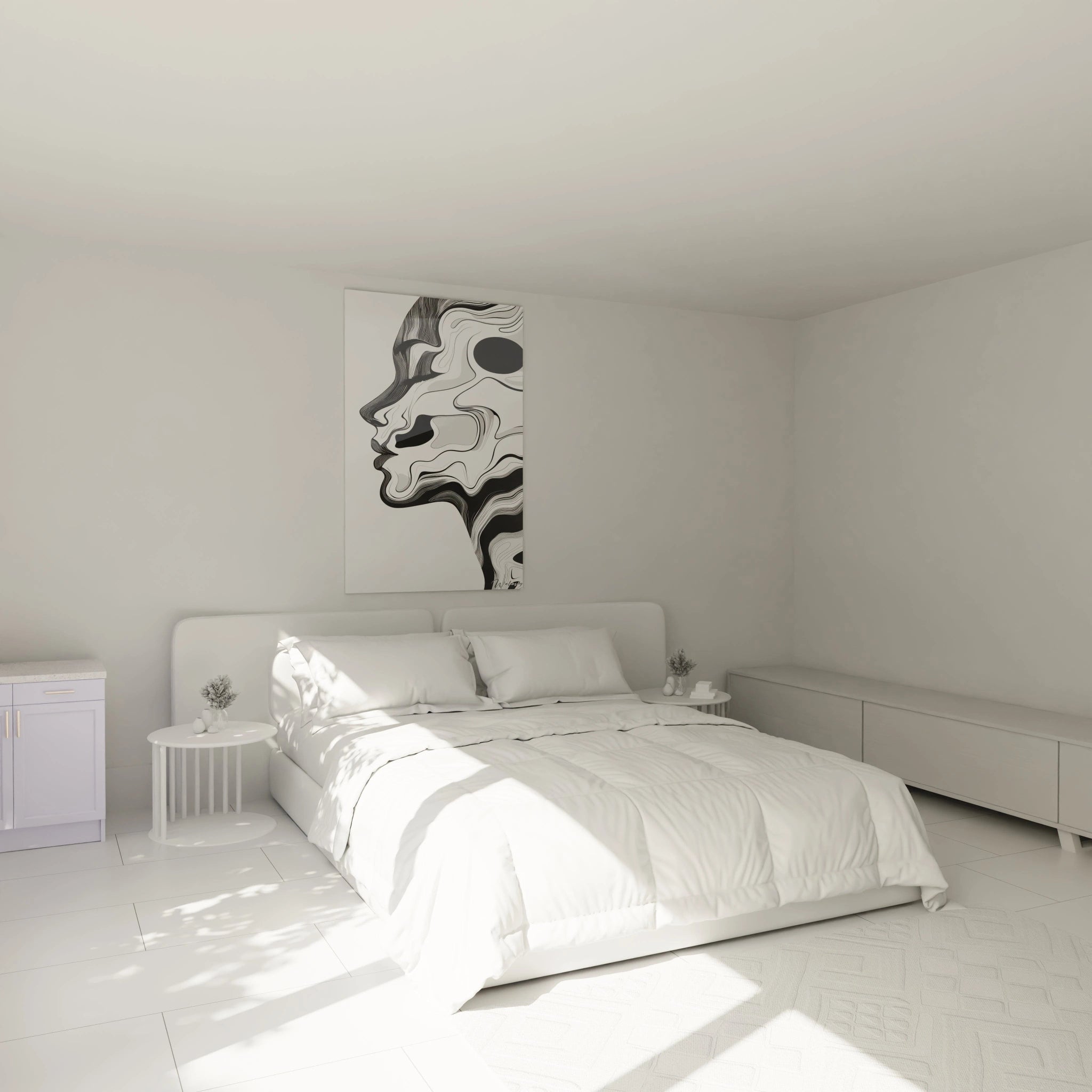 Un tableau minimaliste de profil humain formé par des rayures fluides noir et blanc. Les lignes organiques s'épaississent et s'amincissent pour sculpter les contours du visage, créant une impression de mouvement ondoyant et une texture visuelle hypnotique.
