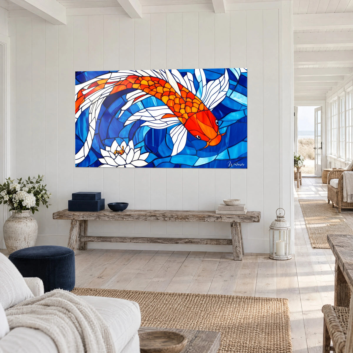 Wall art flamboyant Japanese fish with amber scales, ivory fins on a sapphire background, in a seaside home