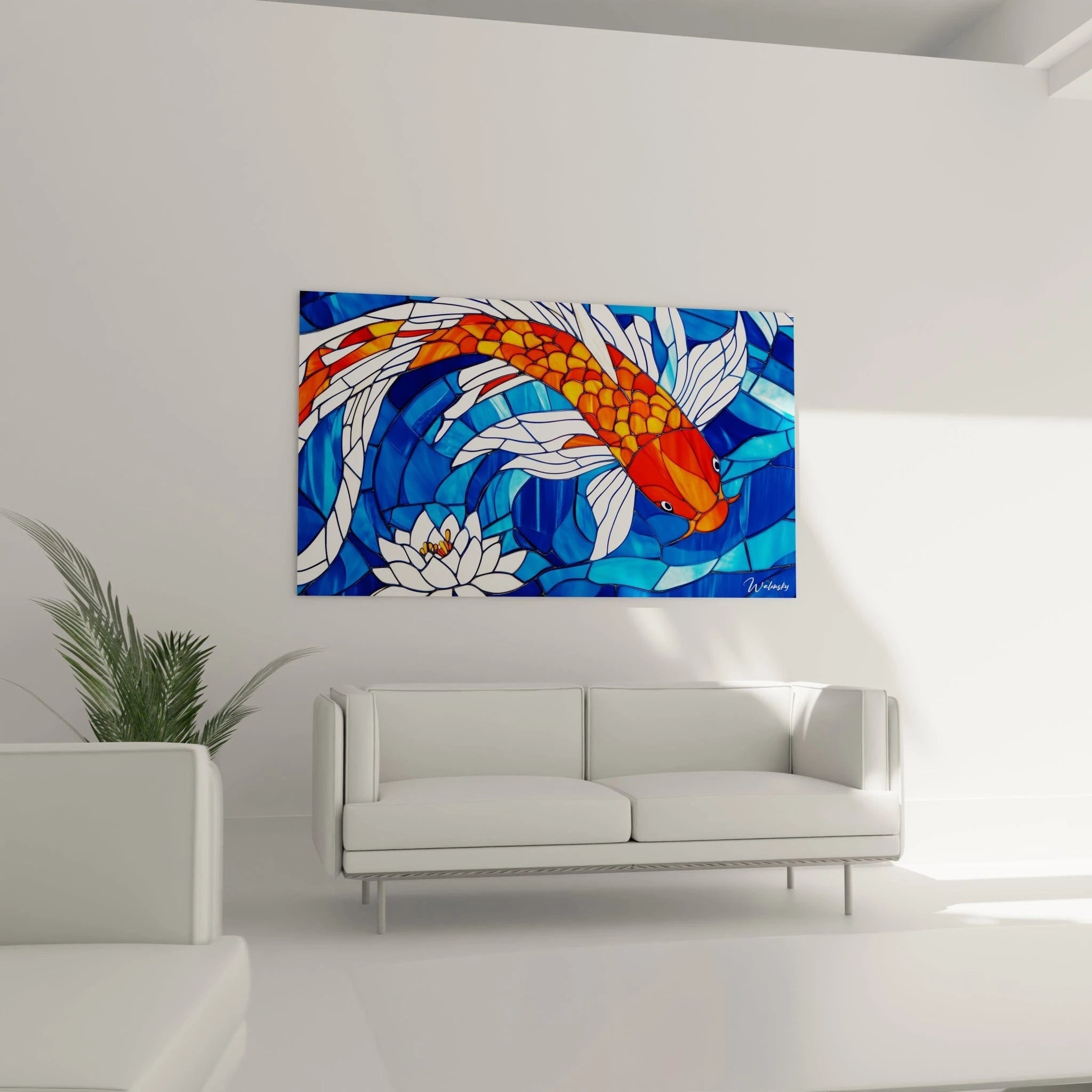 Un tableau vitrail japonais présentant une carpe koï orange vif avec des nageoires blanches nageant en courbe autour d'une fleur de lotus blanche, sur un fond de tesselles bleues variées du turquoise au bleu profond, l'ensemble créant un effet translucide évoquant les profondeurs aquatiques.
