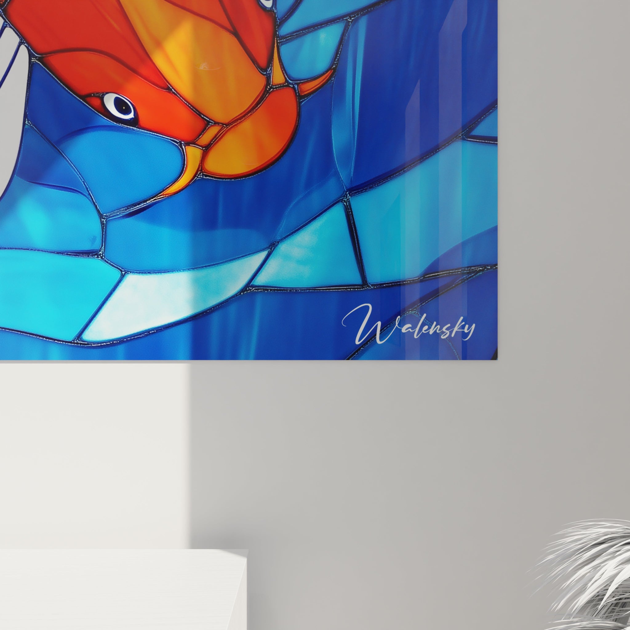 Un tableau vitrail dans le style Tiffany illustrant une carpe koï aux écailles orange et rouges éclatantes se déplaçant gracieusement parmi des segments de verre bleu de différentes intensités, accompagnée d'un nénuphar blanc, chaque pièce minutieusement coupée et sertie pour capturer le mouvement fluide de l'eau.

