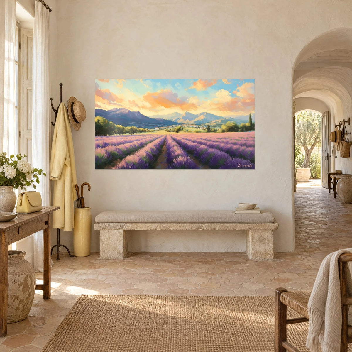 Wall art rows of purple lavender leading to bluish mountains and an apricot pink sky, in the entrance of a Provençal farmhouse