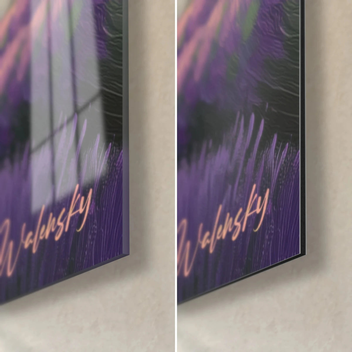 Wall art blooming lavender, bottom right corner: orange Walensky signature, glossy glass with reflections on the left, matt black Dibond on the right