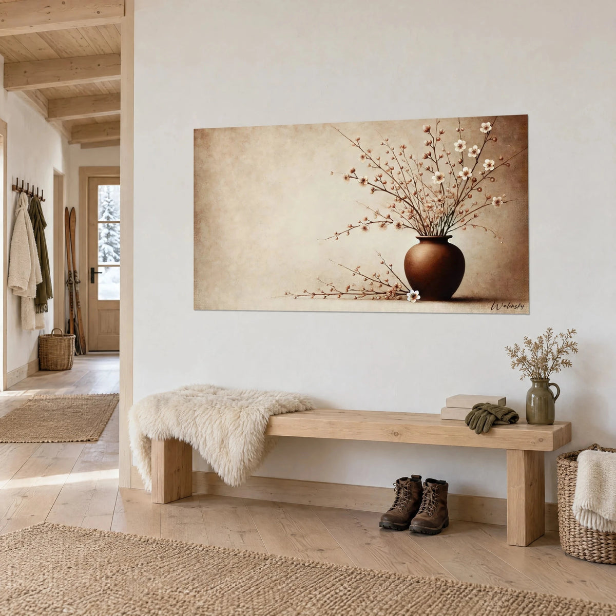Wall art chocolate-brown terracotta vase and white flowering branches on a sand background, wooden bench and boots, three-quarter view in a chalet entrance hall