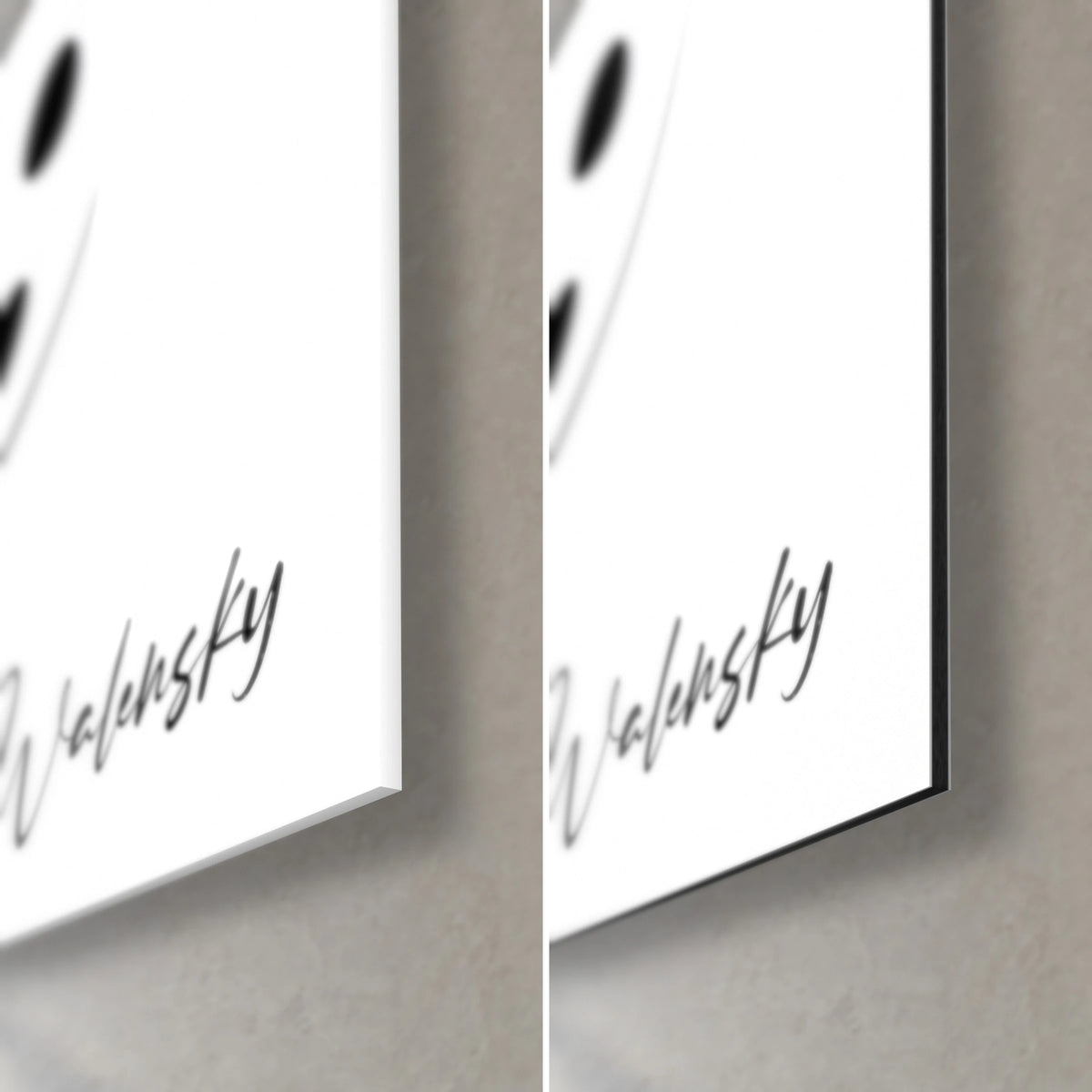 Quadro macchie d'inchiostro nere su fondo bianco, angolo in basso a destra: firma Walensky, vetro lucido e Dibond grigio opaco, spessore 3 mm
