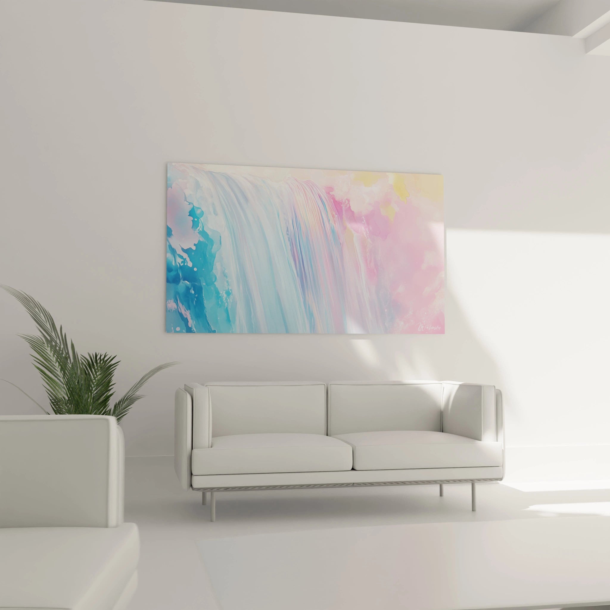 Un tableau cascade multicolore présentant une composition verticale fluide, où des teintes bleu azur se transforment graduellement en roses délicats, avec des lignes blanches nacrées évoquant l'écume d'une chute d'eau.
