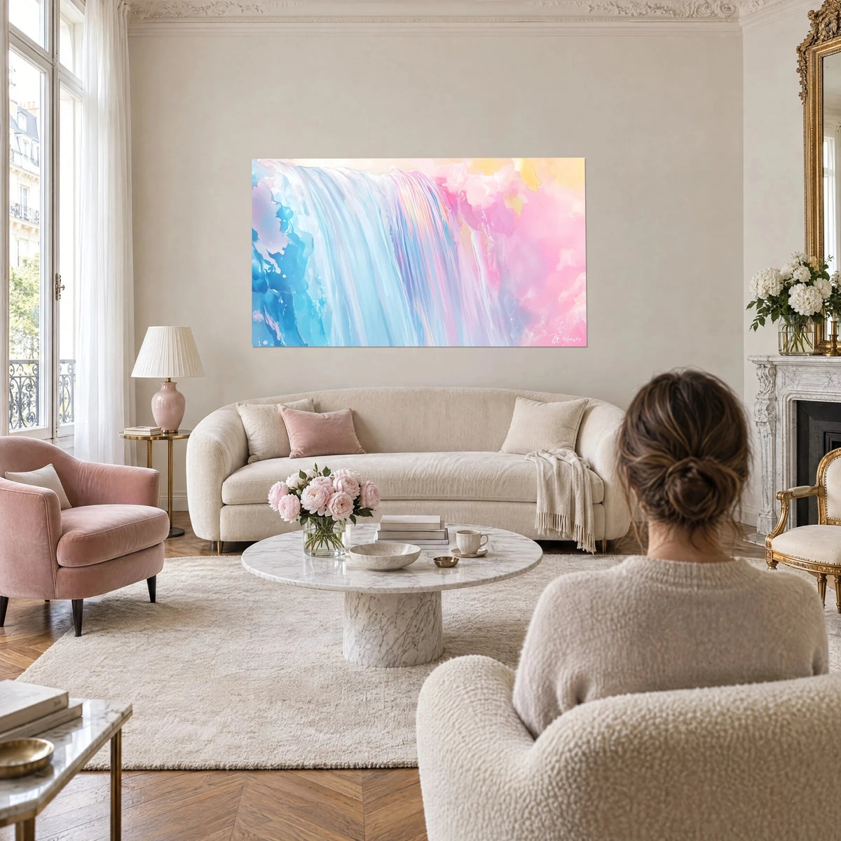 Gemälde Wasserfall in Aquarell, himmelblauer und blassrosa Wasserschleier, zwei Personen von hinten, über einem Sofa in einem hellen Wohnzimmer