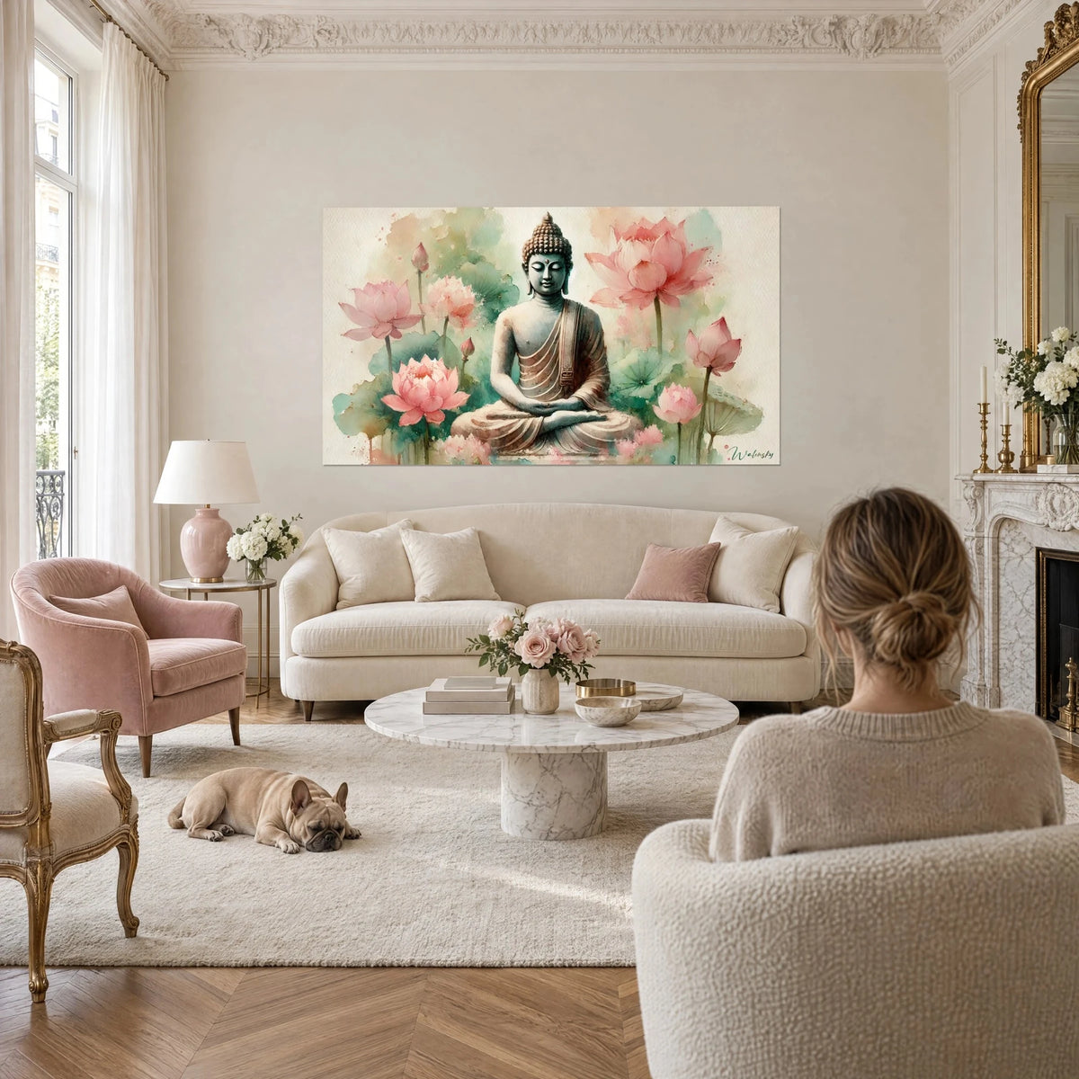 Wall art meditating Buddha statue, pale pink lotus and jade green leaves, woman seen from behind and bulldog, above a sofa in a bright living room