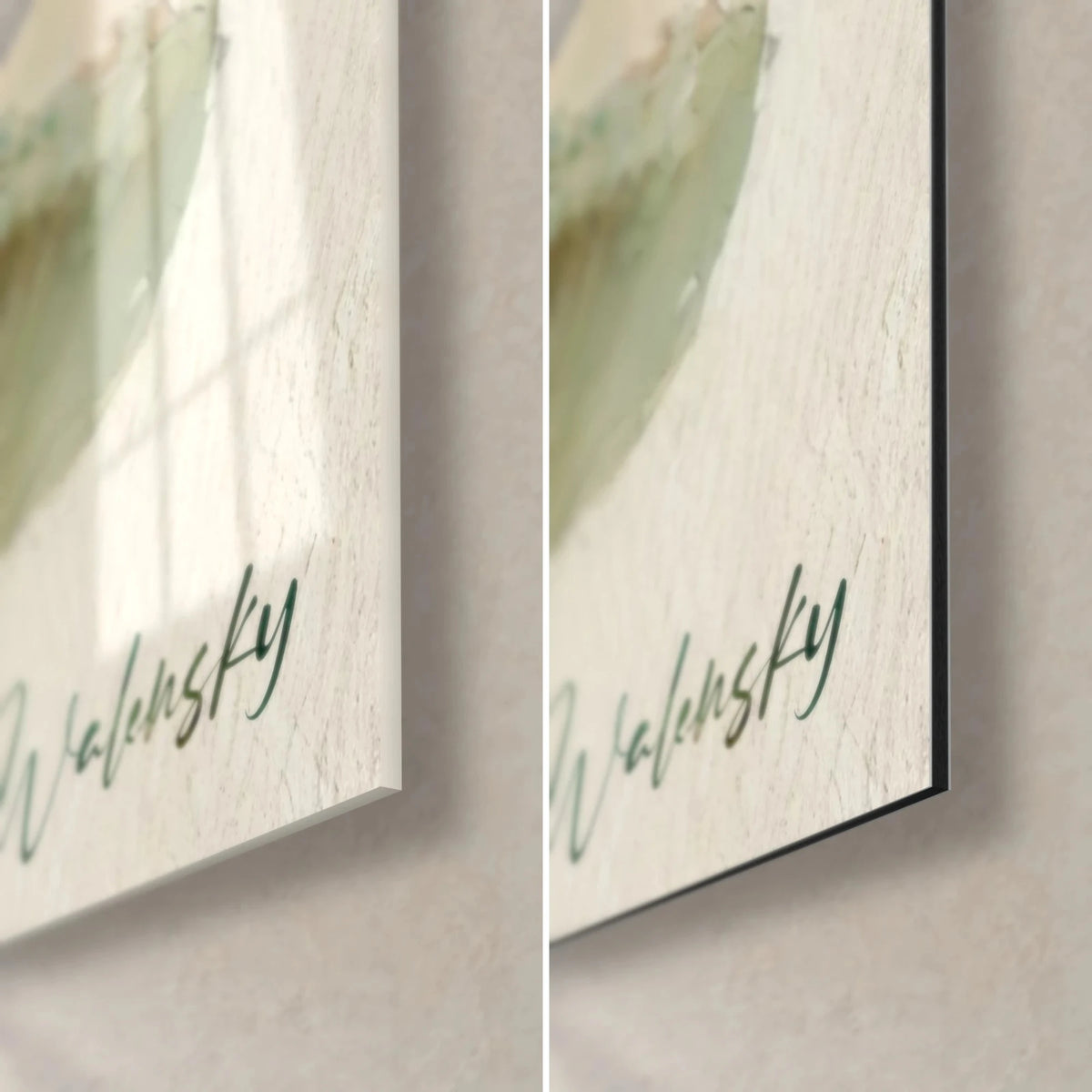 Wall art stone Buddha with closed eyes, bottom right corner: glossy acrylic glass on the left, matte off-white Dibond aluminum on the right