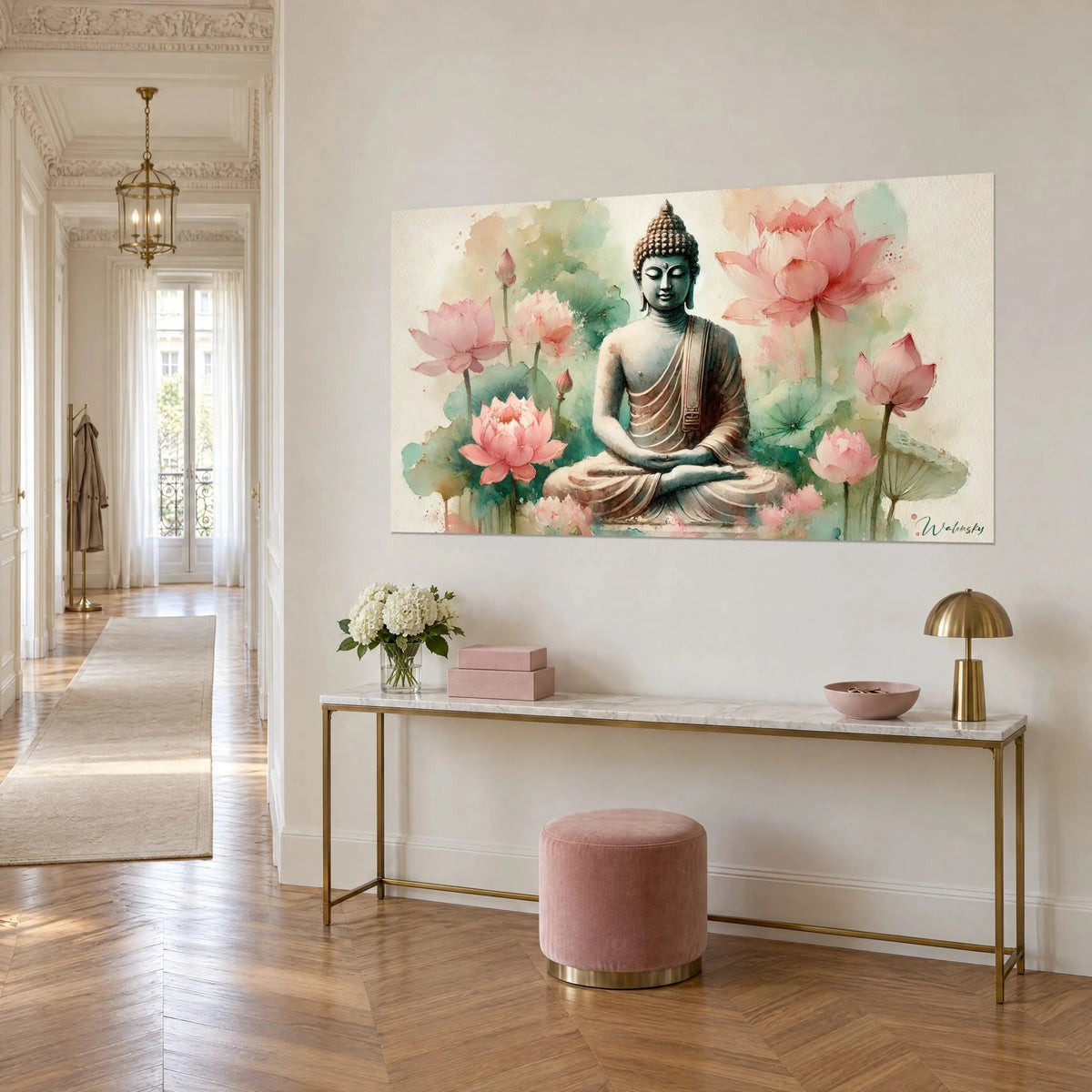 Wall art sage seated in lotus pose, draped rose-brown robe, pink flowers on a sea-green background, on a gilded console table, three-quarter view