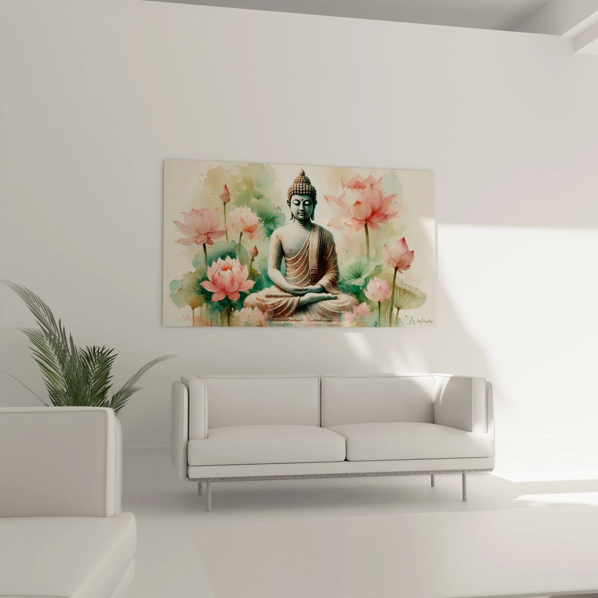Dans un salon, au-dessus du canapé, ce tableau Bouddha offre une touche spirituelle et harmonieuse, favorisant une ambiance de calme et d’équilibre.


