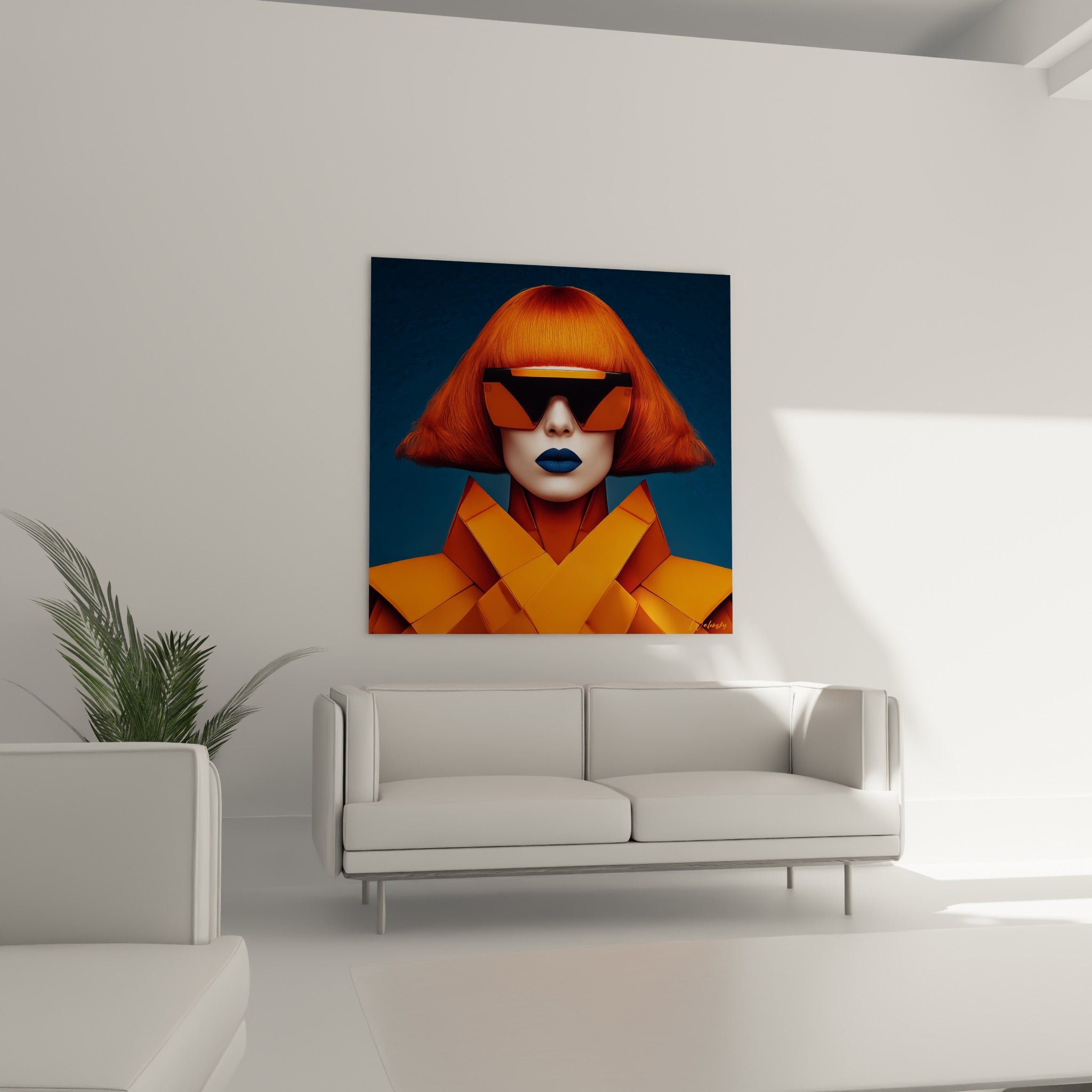 Armure orange géométrique et chevelure orange vif, accrochée au-dessus d'un canapé dans un salon lumineux