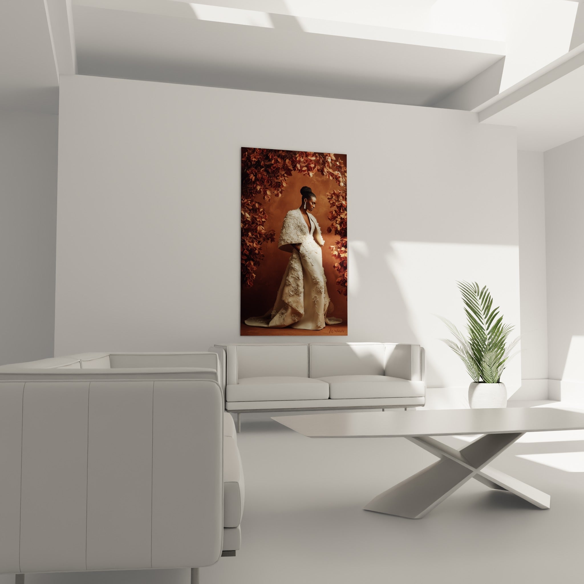Robe brodée crème et cape florale sur fond cuivré, disposée au-dessus d'un canapé dans un salon lumineux