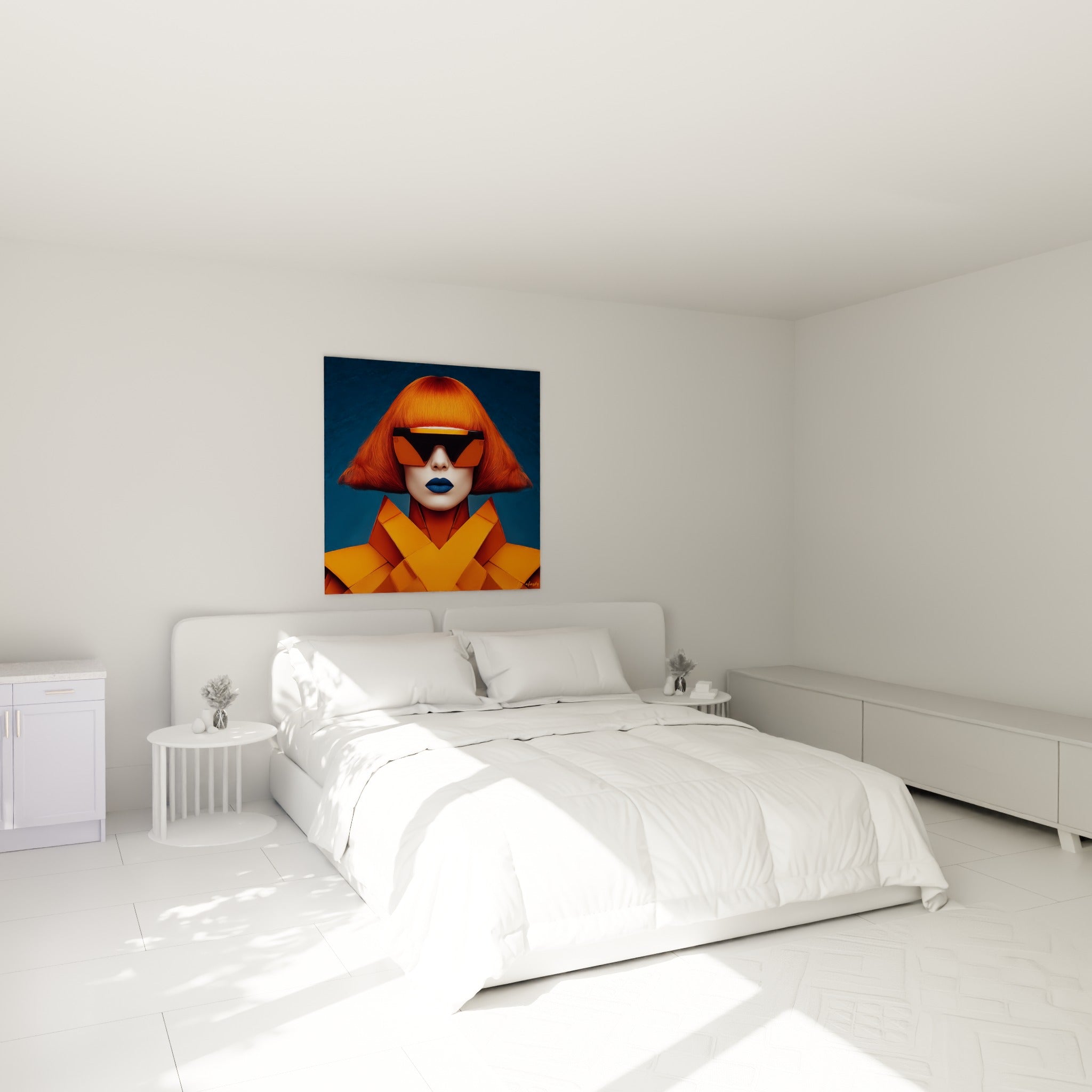 Visage orange à visière noire et lèvres bleu marine, accroché au-dessus d'un lit dans une chambre claire