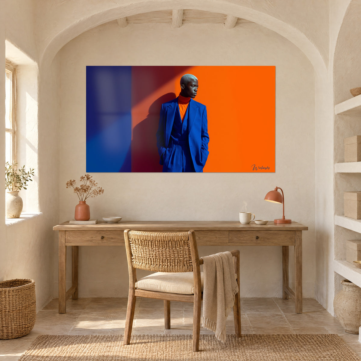 Wall art elegant electric blue suit with orange collar on a tangerine background, navy stripe on the left, above a light wood desk