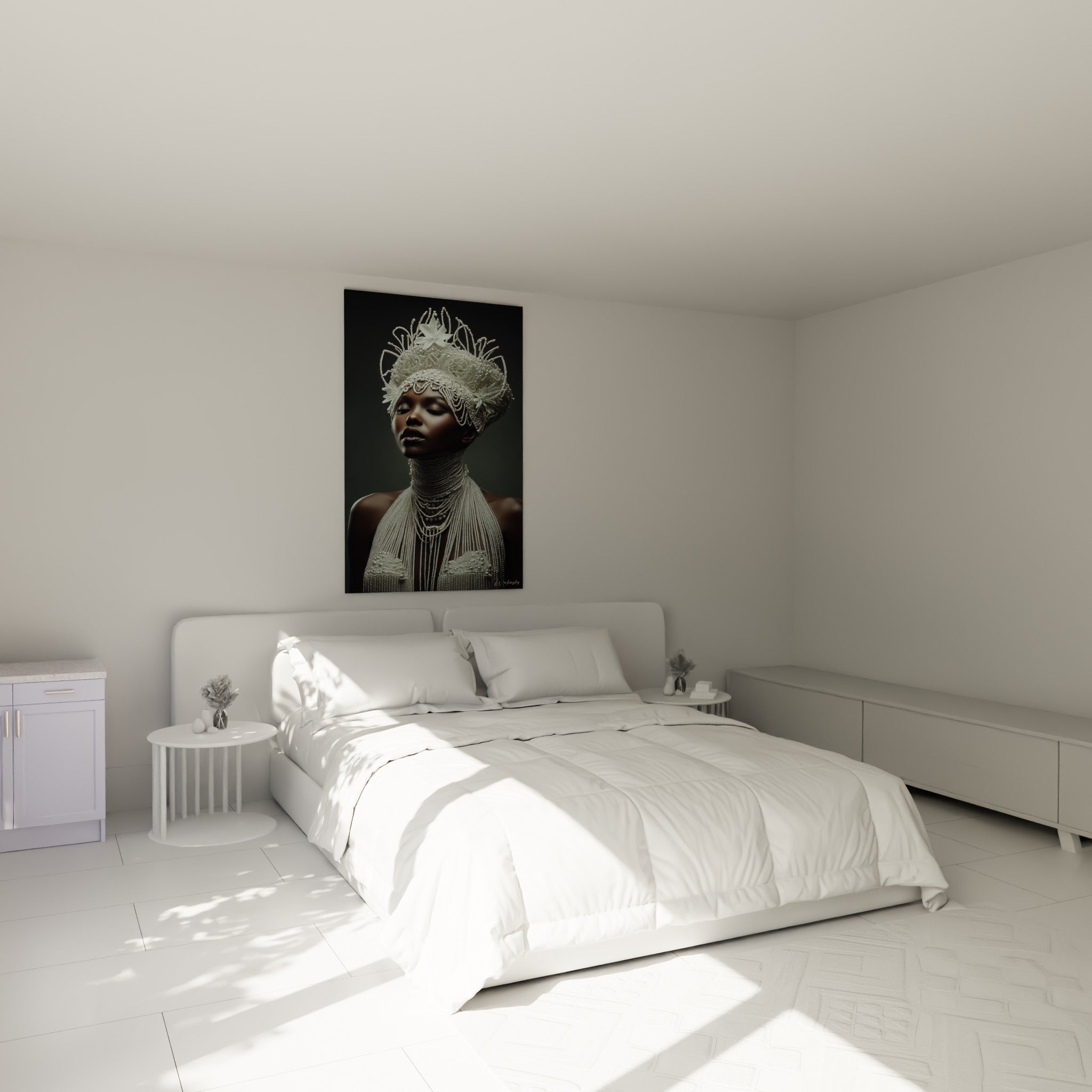Portrait perlé blanc ivoire et anthracite accroché au-dessus d'un lit dans une chambre claire