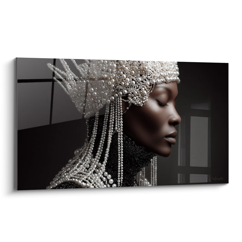 Tableau Portrait femme coiffe blanche perlée noire - Majesté silencieuse - Edition Haute couture