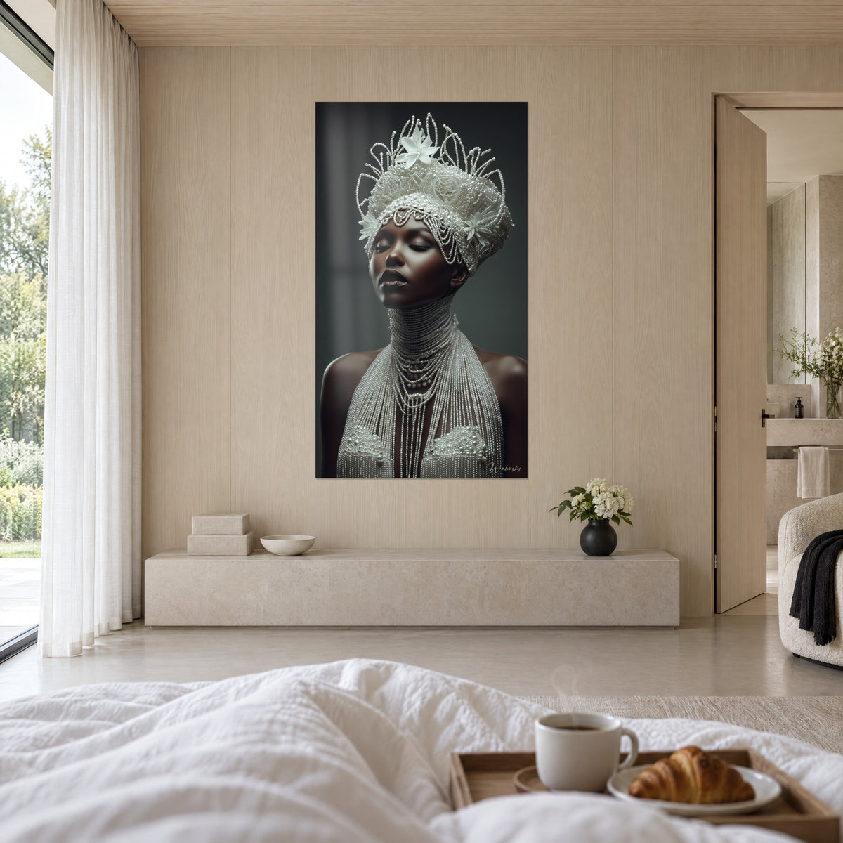 Cuadro rostro de ébano sereno bajo una diadema de perlas y flores blancas, fondo gris verdoso profundo, encima de una cama en un dormitorio luminoso