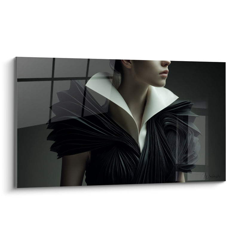 Tableau Silhouette au col blanc plissé noir - Silence sculptural - Edition Haute couture