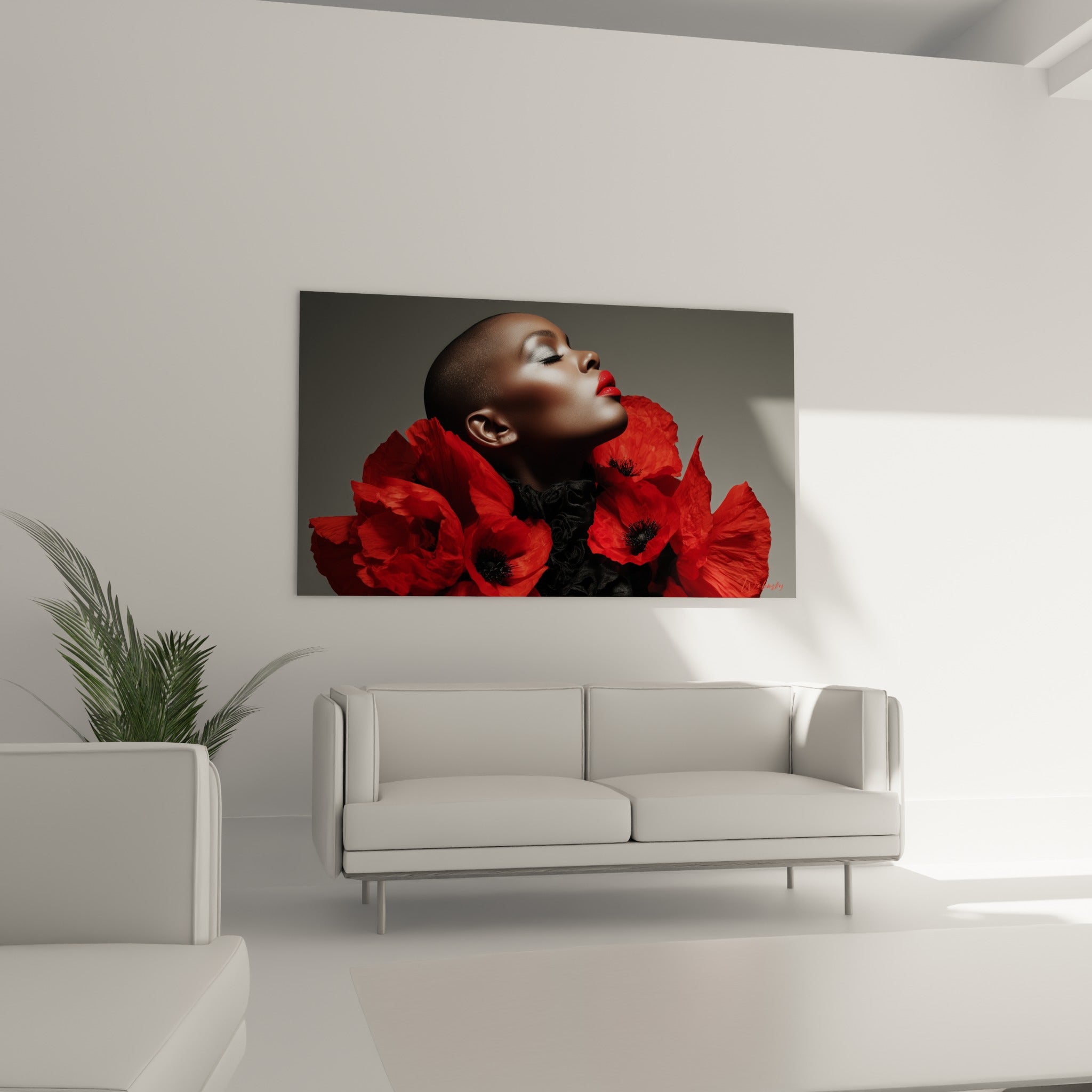 Portrait rouge et anthracite aux pétales de coquelicots, tableau haute couture au-dessus d'un canapé dans un salon lumineux