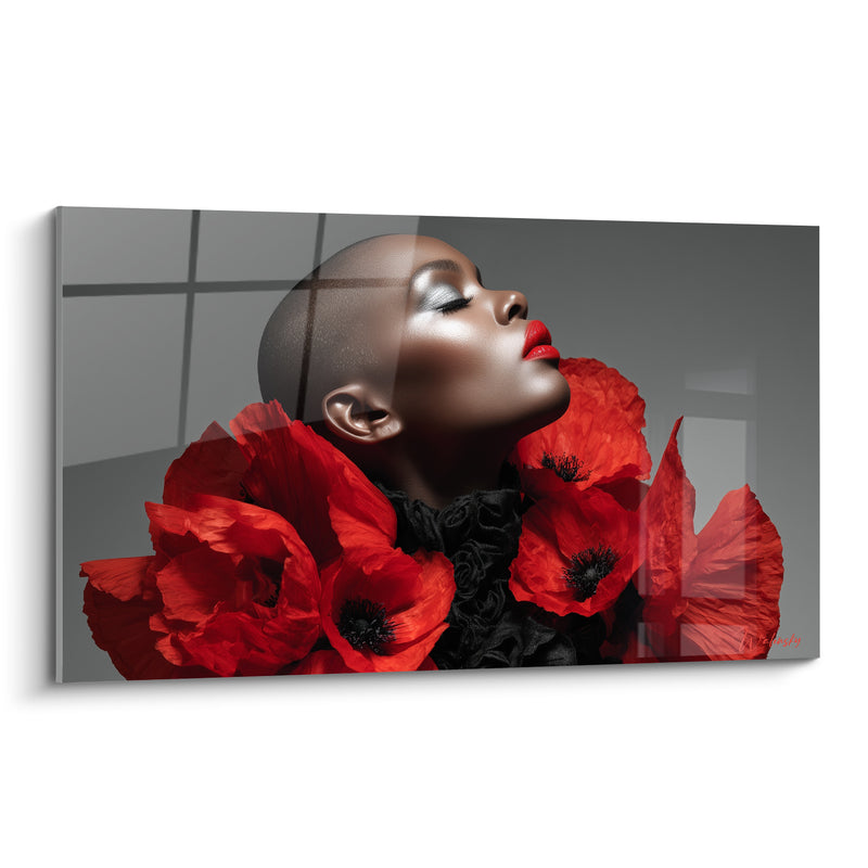 Tableau Portrait féminin aux coquelicots rouges et gris - Souffle d'ivresse - Edition Haute couture
