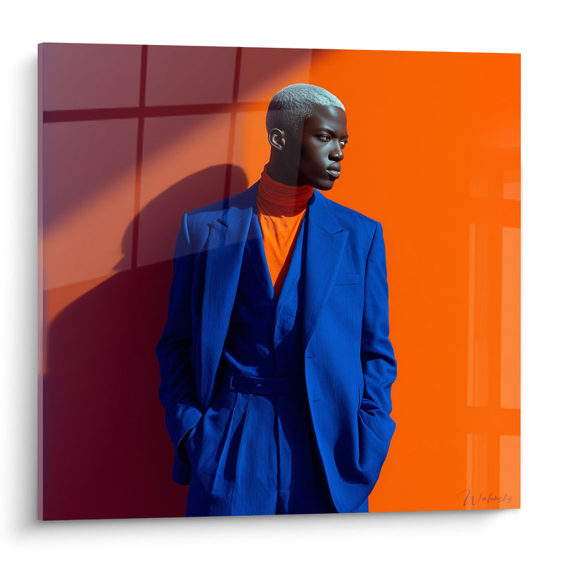 Tableau Silhouette bleu roi sur fond orange - Assurance tranquille - Edition Haute couture