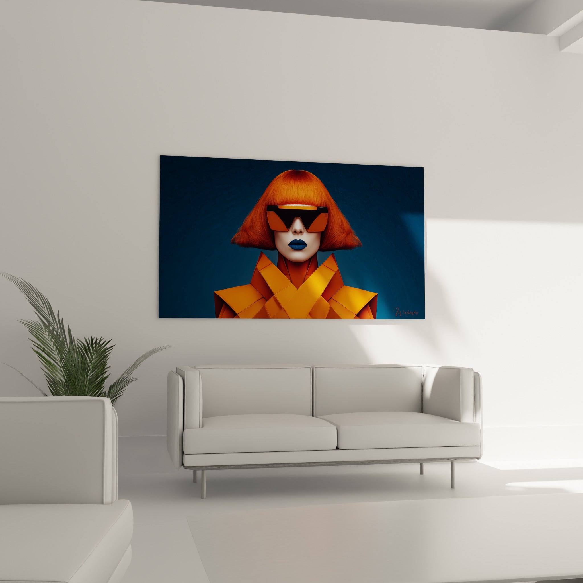 Portrait haute couture aux teintes orange vif et bleu marine, épaulettes origami, au-dessus d'un canapé dans un salon lumineux