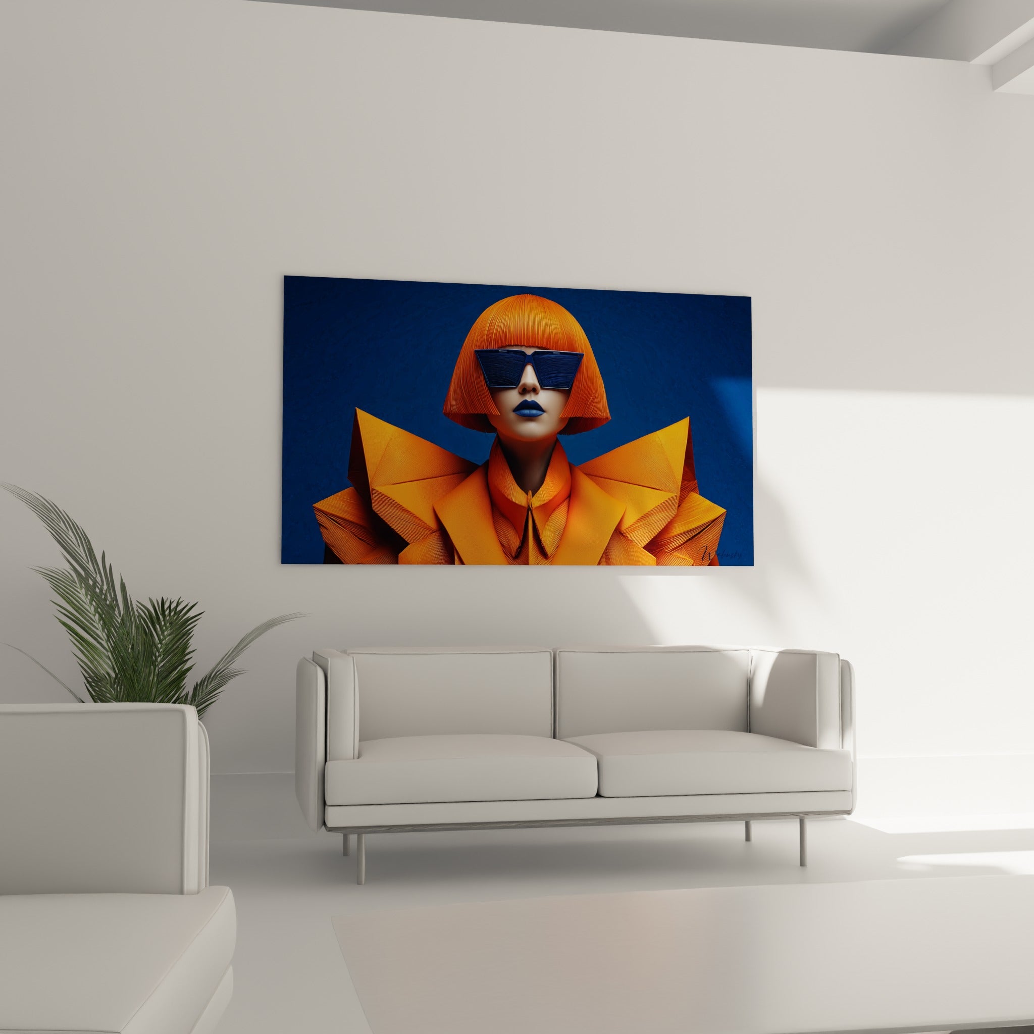 Figure haute couture aux volumes orange sculptés placée au-dessus d'un canapé dans un salon lumineux