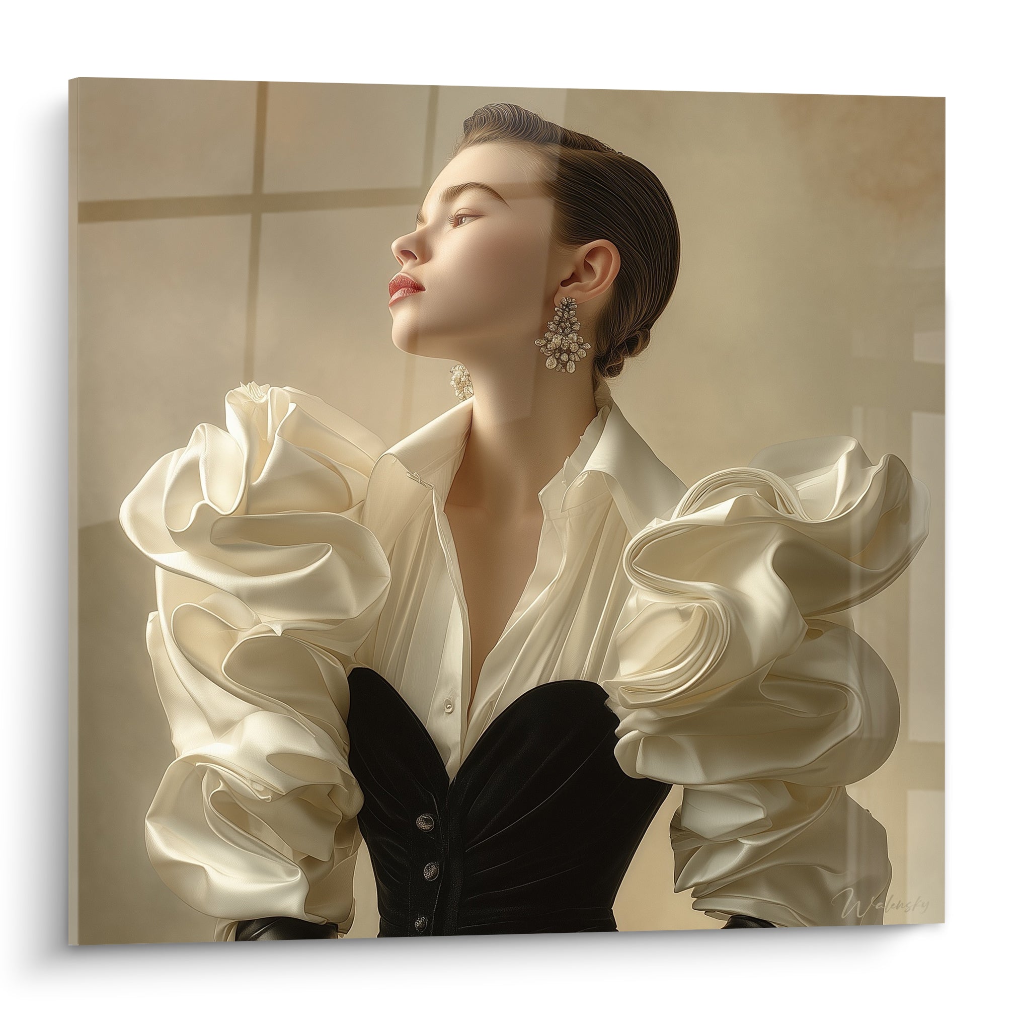 Femme au profil altier, blouse ivoire drapée et corset noir, portrait Haute couture raffiné