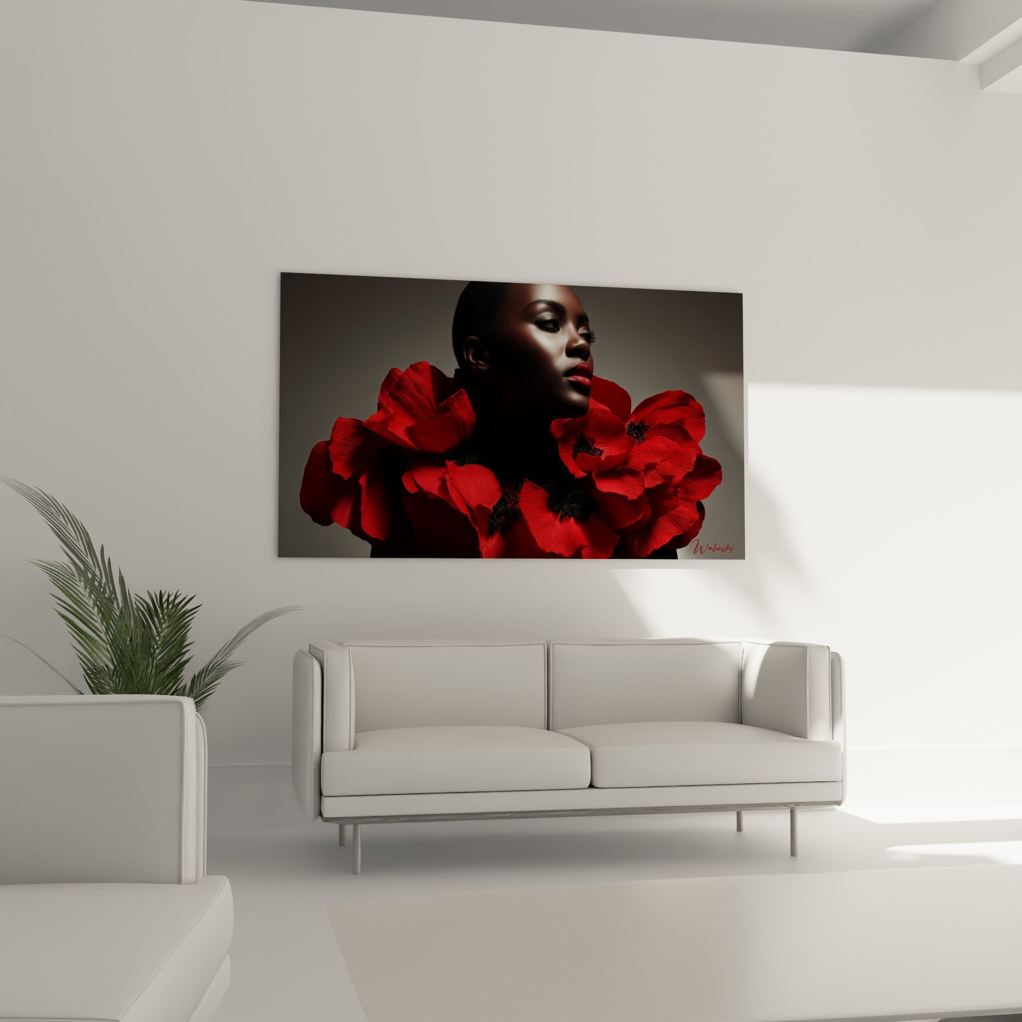 Portrait aux pétales rouge intense et peau satinée, disposé au-dessus d'un canapé dans un salon lumineux