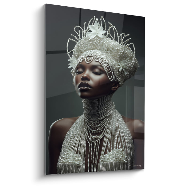 Tableau Coiffe blanche perlée aux fleurs ivoire - Cascade de perles - Edition Haute couture