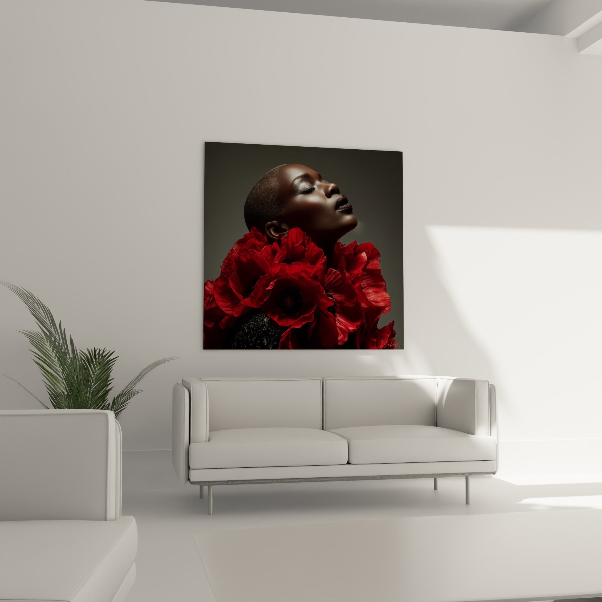 Femme aux lèvres bordeaux ceinte de fleurs écarlates au-dessus d'un canapé dans un salon lumineux