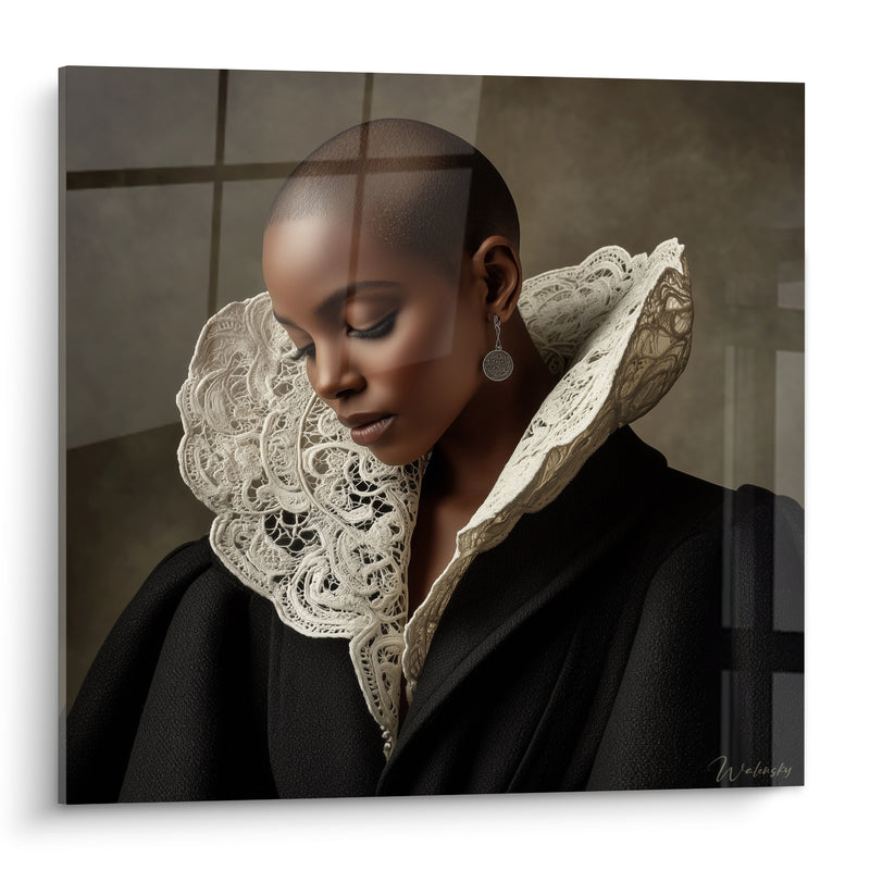 Tableau Portrait fraise en dentelle ivoire et noir - Silence intemporel - Edition Haute couture