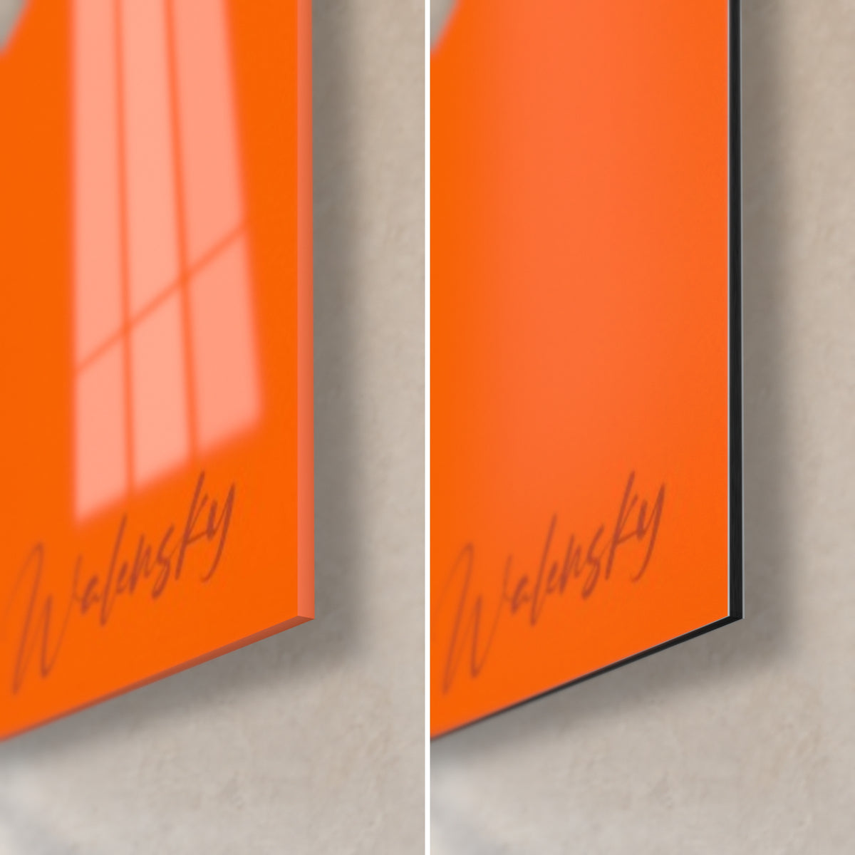 Wall art royal blue silhouette on vivid orange background, bottom right corner: glossy glass with reflections, matte black Dibond and 3 mm edge