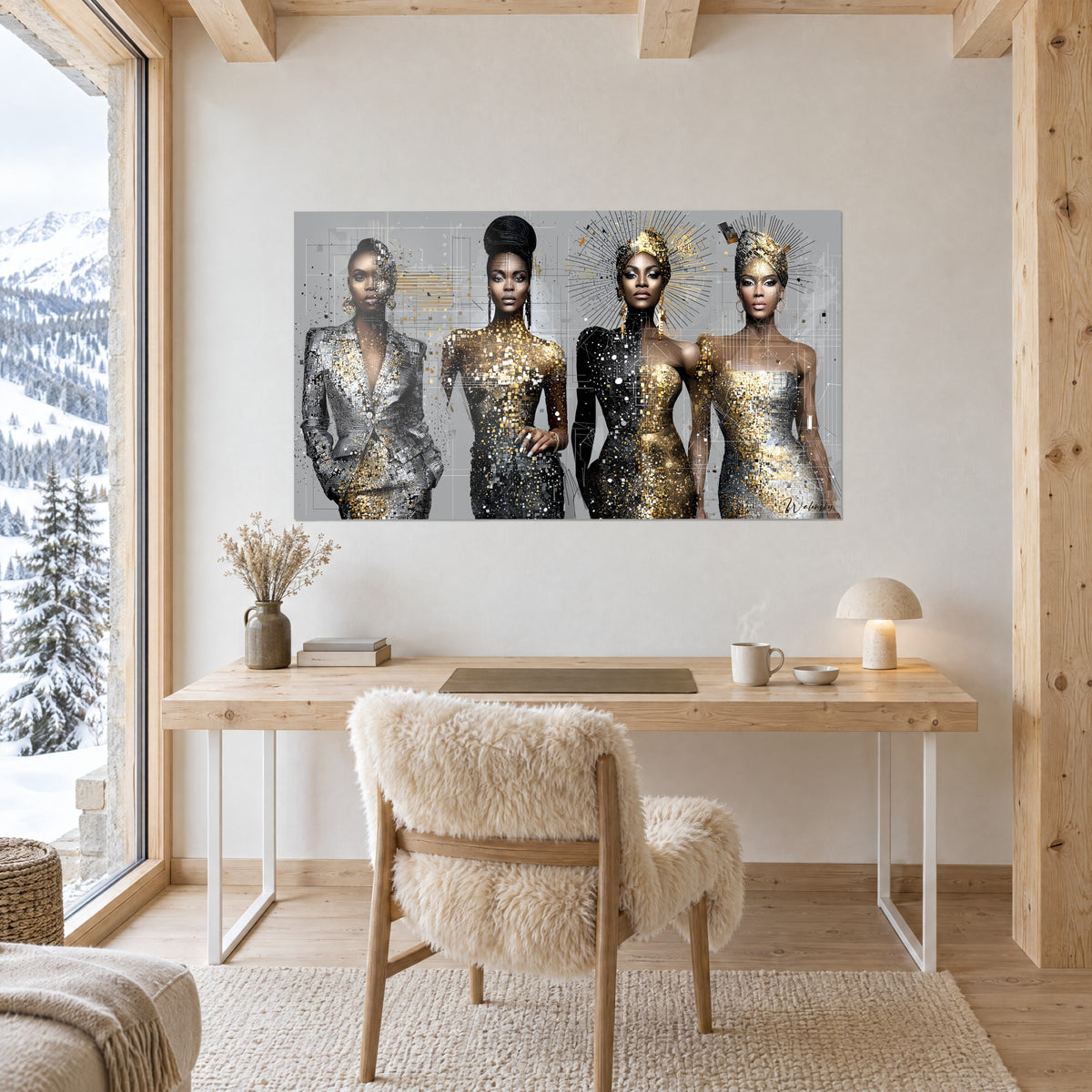 Wall art futuristic queens with gold headpieces and fine geometric lines, large format on a white wall, light wood desk