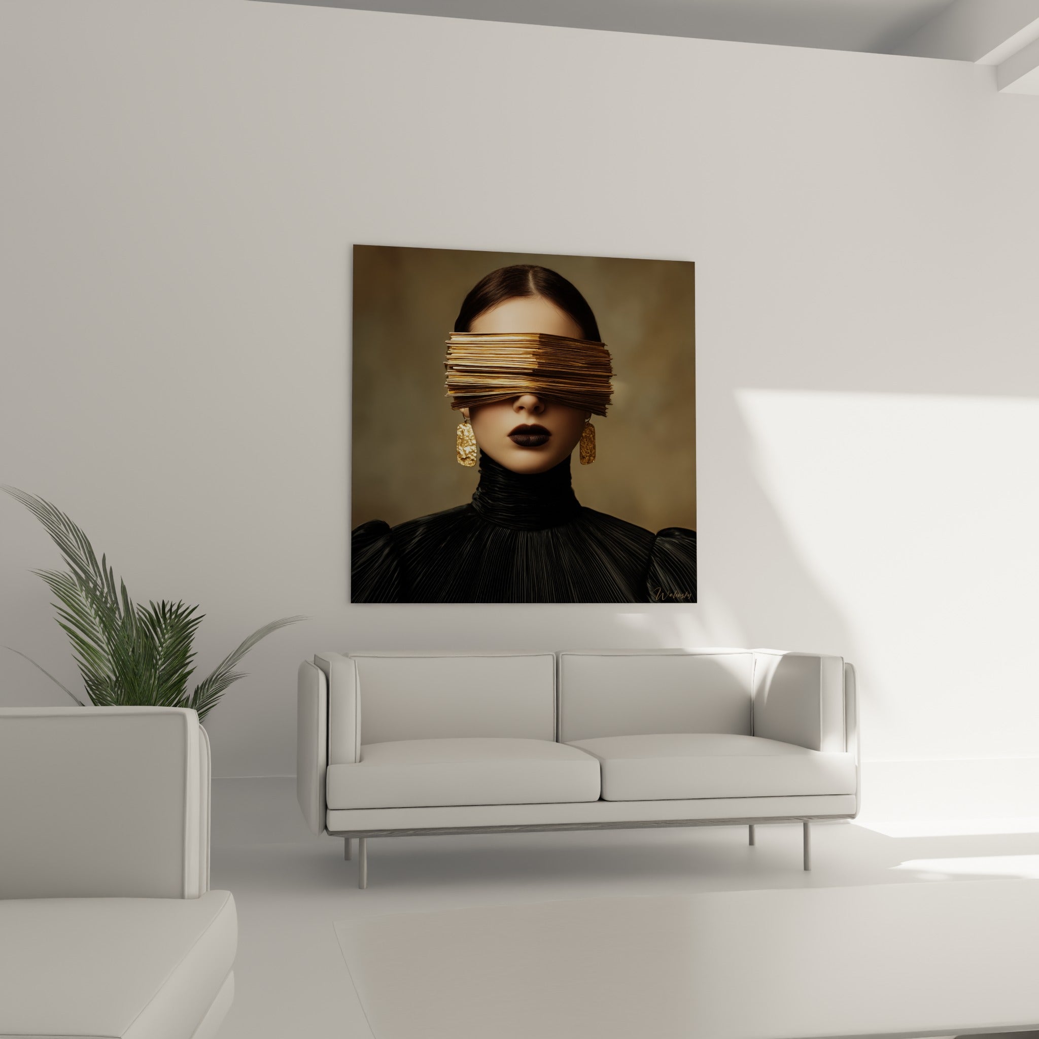 Visage voilé d'or et vêtement anthracite plissé au-dessus d'un canapé dans un salon lumineux
